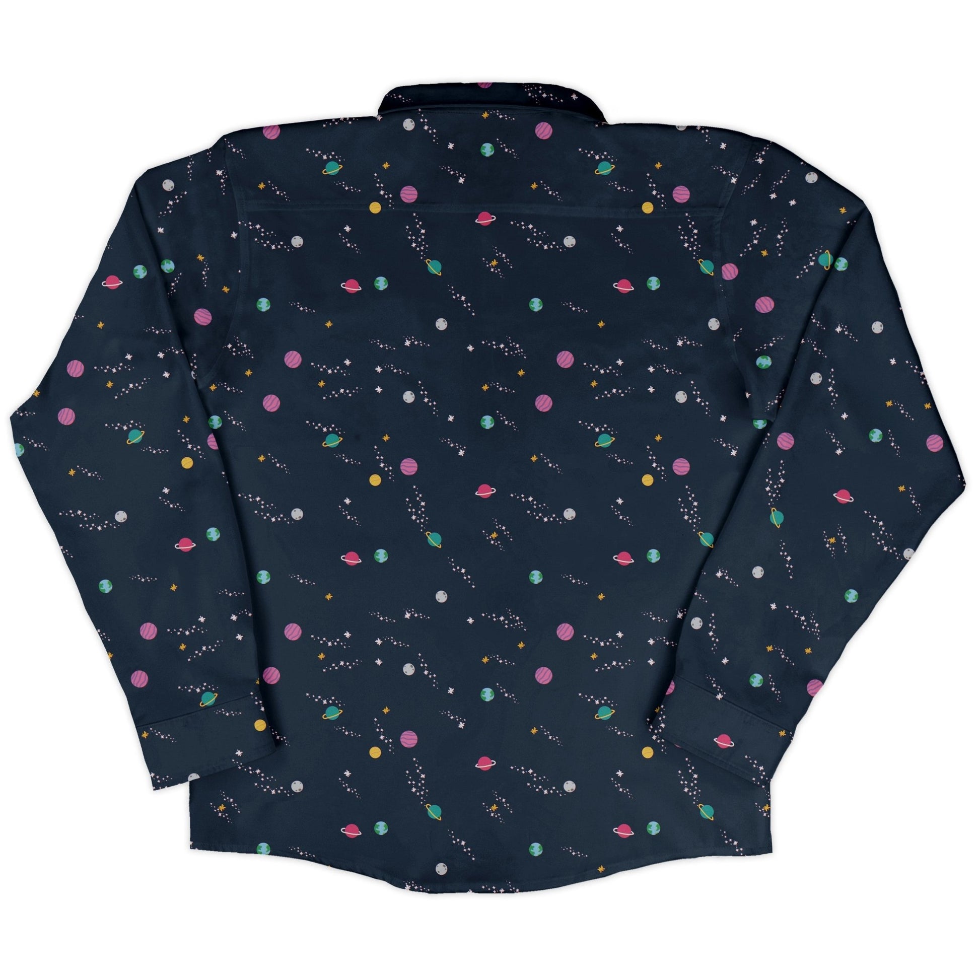 Lost in Space Planets Long Sleeve Button Up Shirt Geek Nerd adult sizing Design by Tobe Fonseca FLOW DESC WRITING