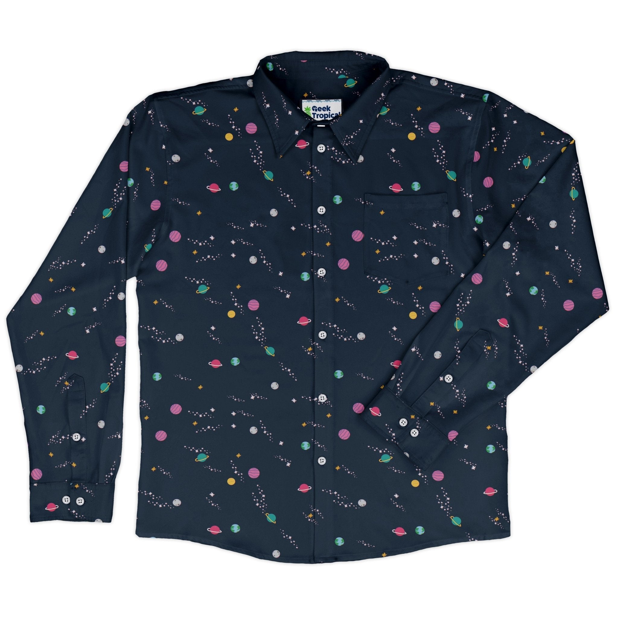 Lost in Space Planets Long Sleeve Button Up Shirt Geek Nerd adult sizing Design by Tobe Fonseca FLOW DESC WRITING