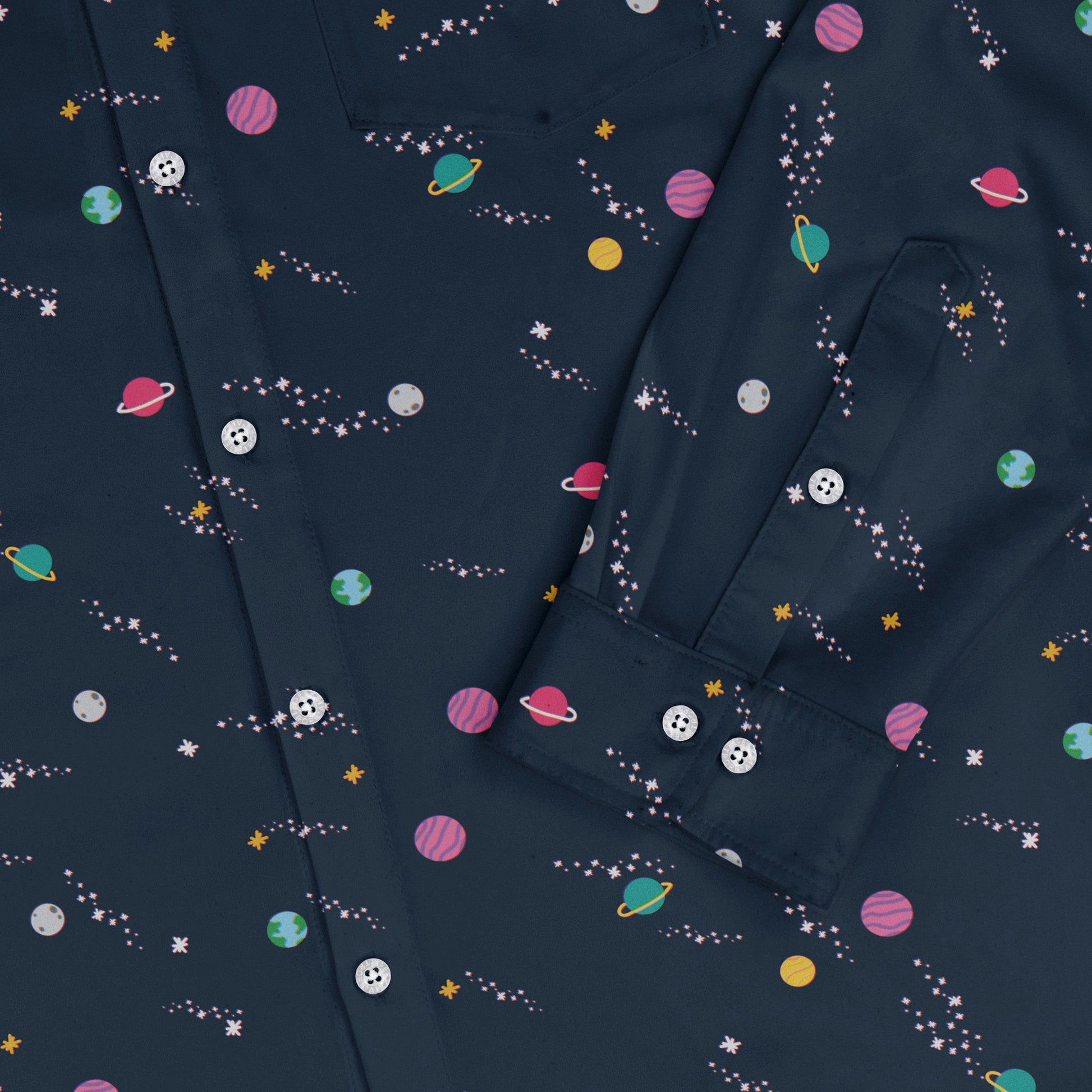 Lost in Space Planets Long Sleeve Button Up Shirt Geek Nerd adult sizing Design by Tobe Fonseca FLOW DESC WRITING
