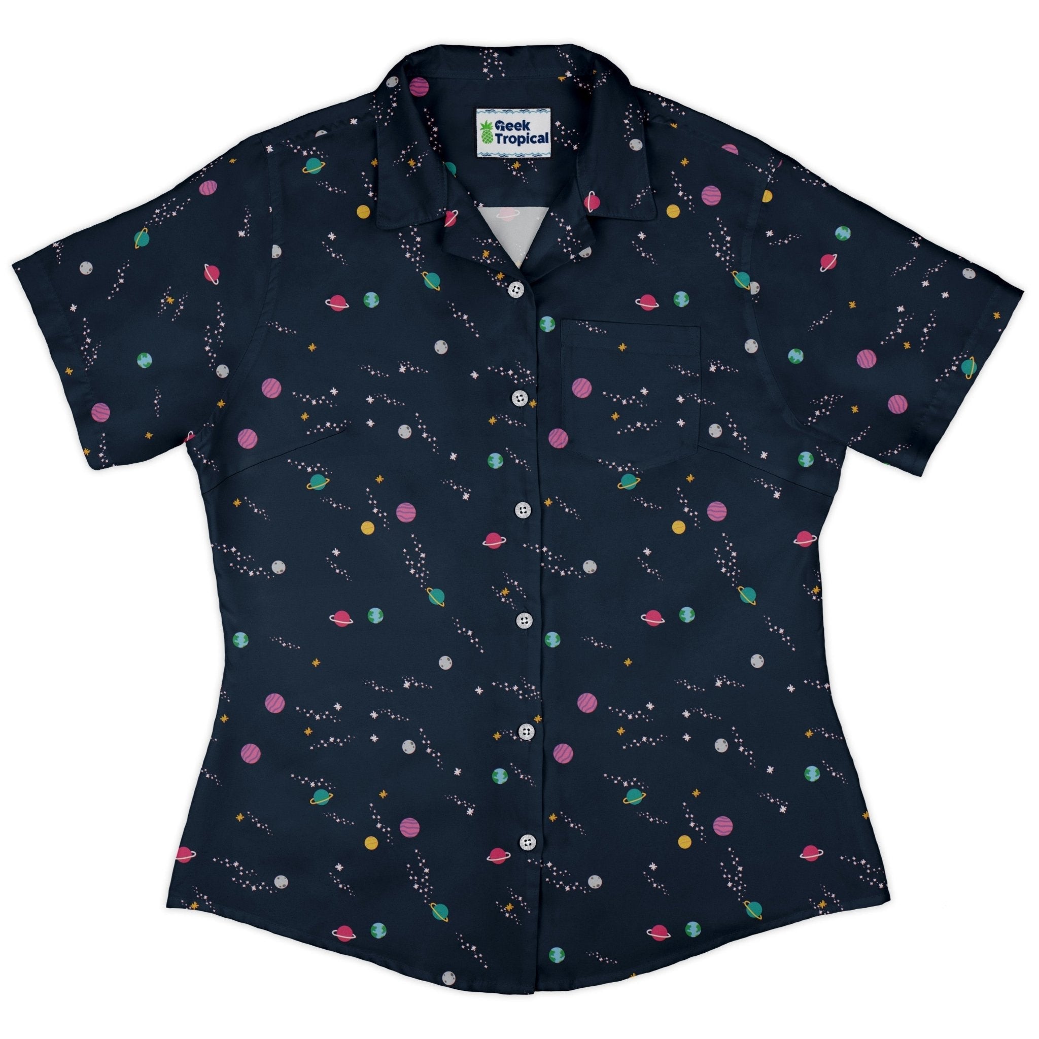 Clearance Ready - to - Ship Lost in Space Planets Curvy Button Up Shirt Geek Nerd Clearance Design by Tobe Fonseca outer space & astronaut print