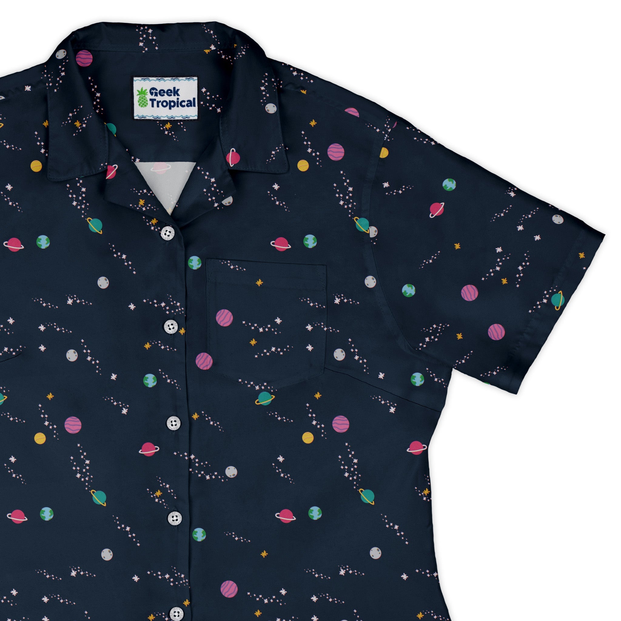 Lost in Space Planets Curvy Button Up Shirt Geek Nerd Design by Tobe Fonseca outer space & astronaut print Q3 - 2