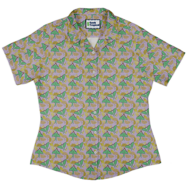 Luna Moth Gathering Curvy Button Up Shirt Geek Nerd animal patterns botany print Design by Julie Kitzes