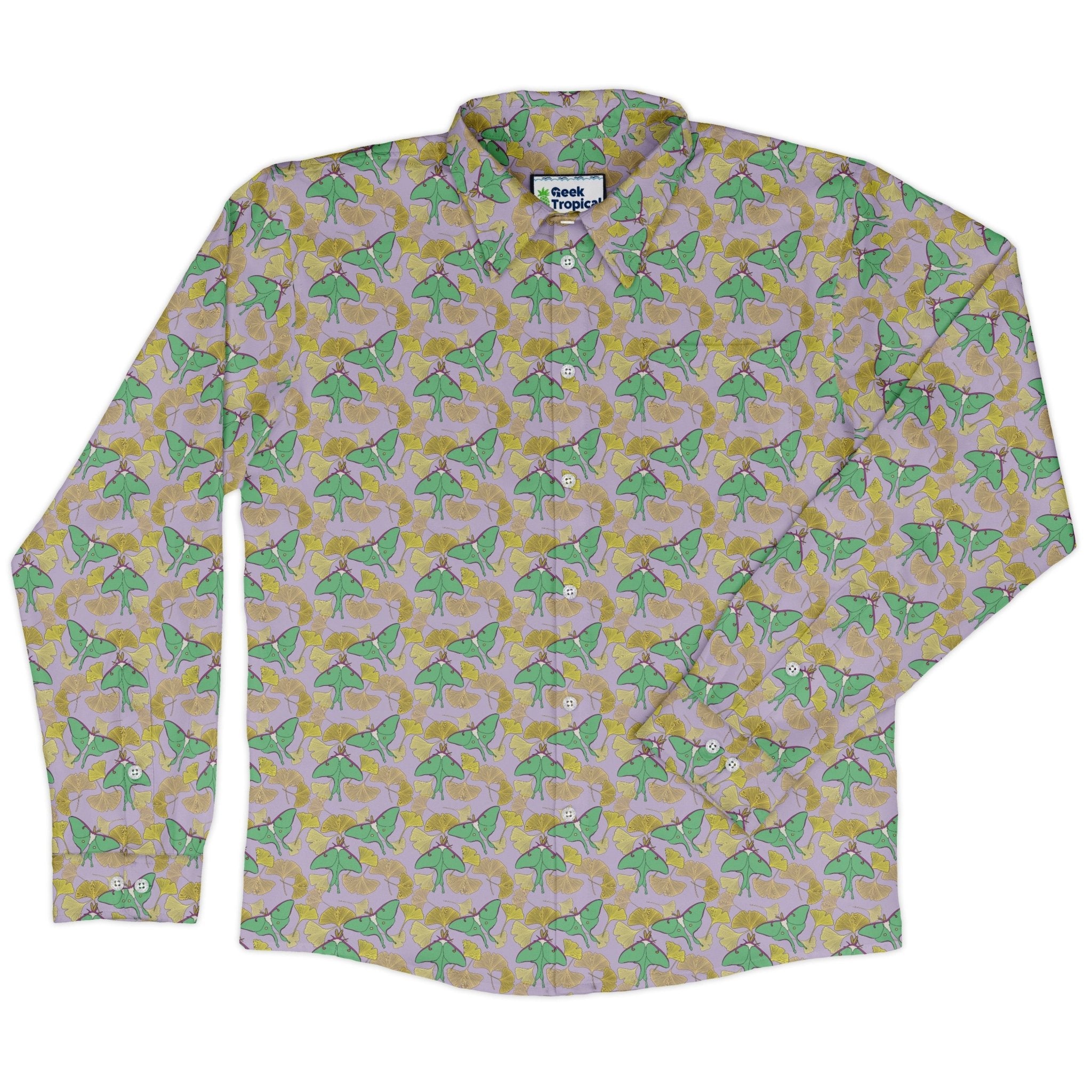 Luna Moth Gathering Long Sleeve Button Up Shirt Geek Nerd adult sizing animal patterns botany print