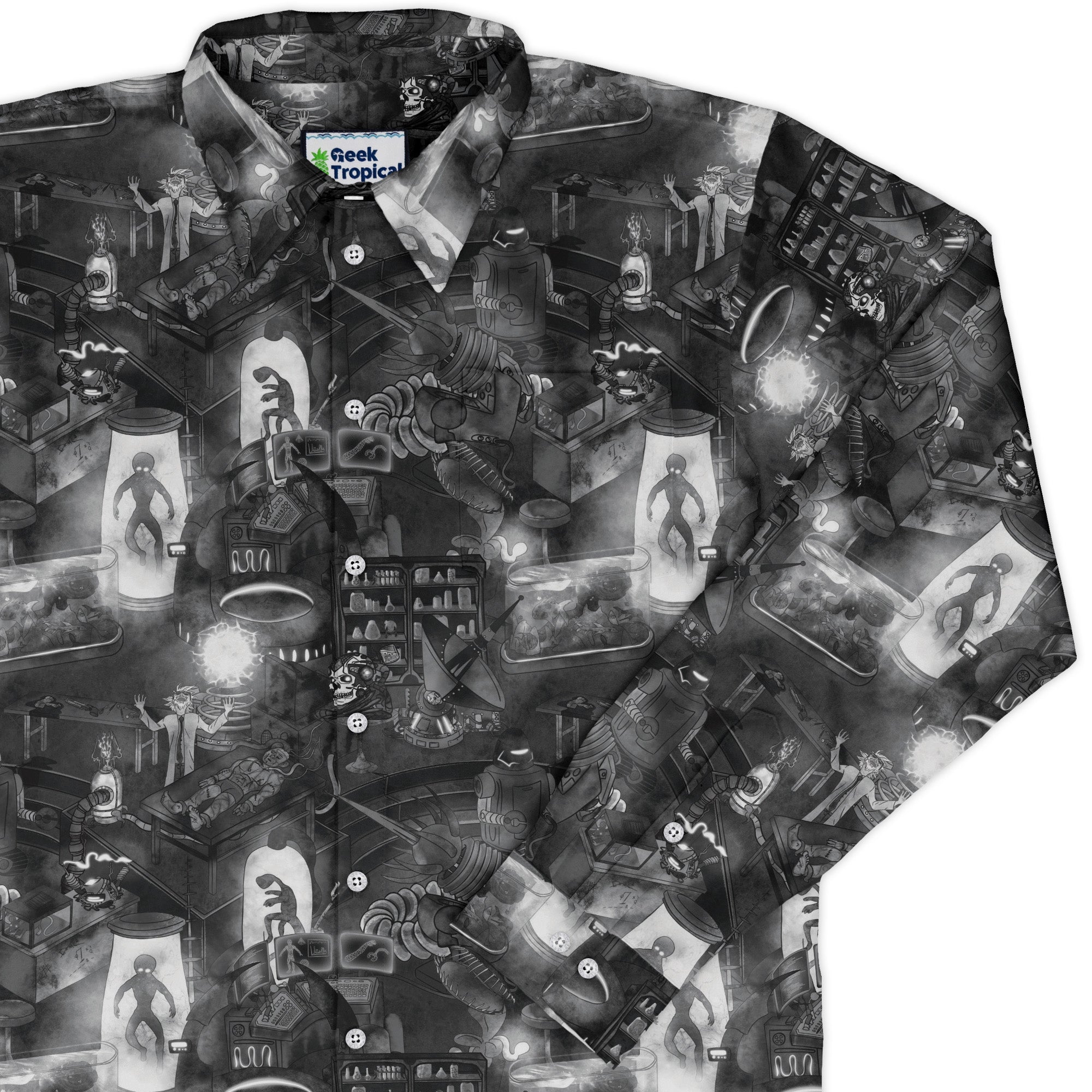 Mad Lab Midnight Long Sleeve Button Up Shirt Geek Nerd adult sizing Designs by Nathan FLOW DESC WRITING