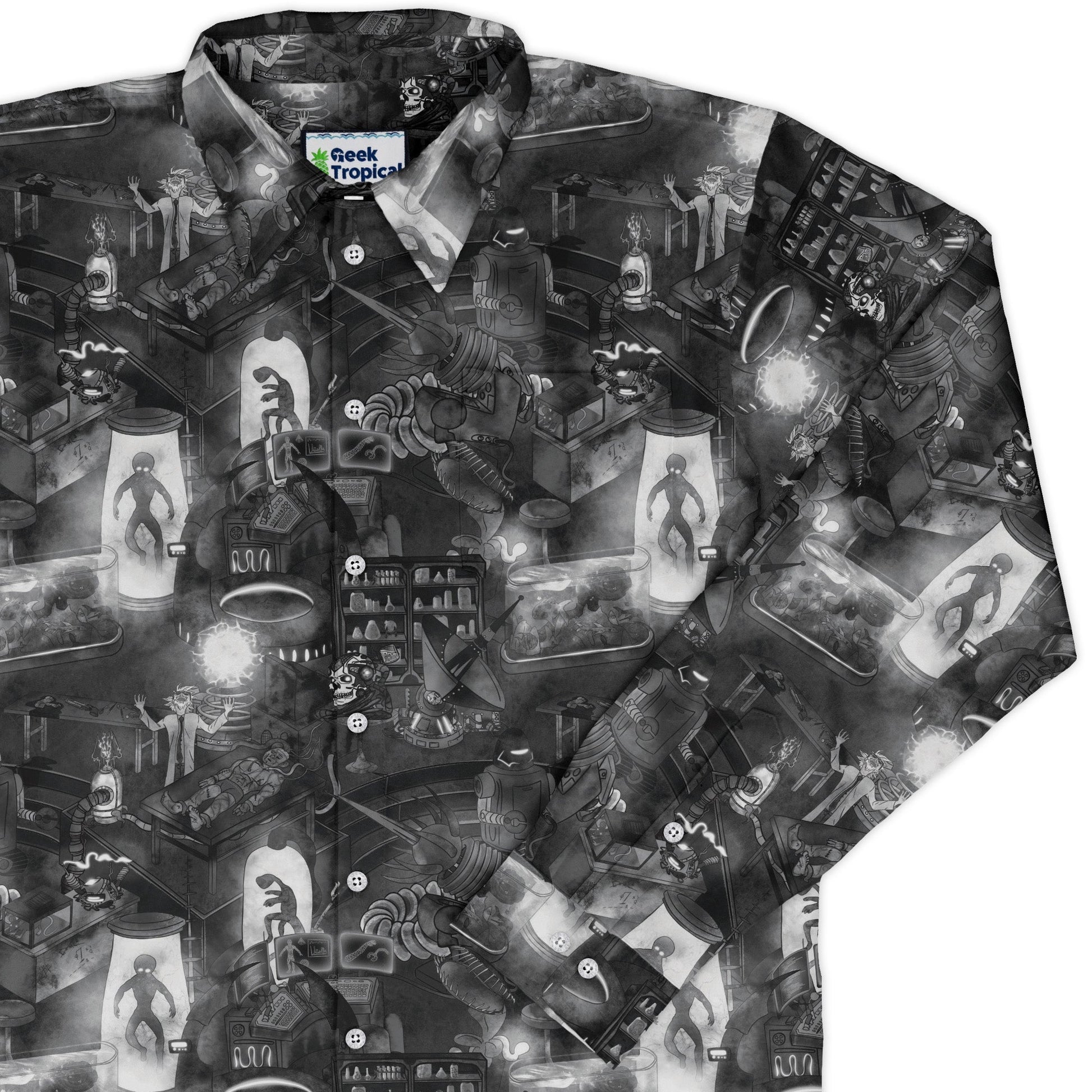 Mad Lab Midnight Long Sleeve Button Up Shirt Geek Nerd adult sizing Designs by Nathan FLOW DESC WRITING