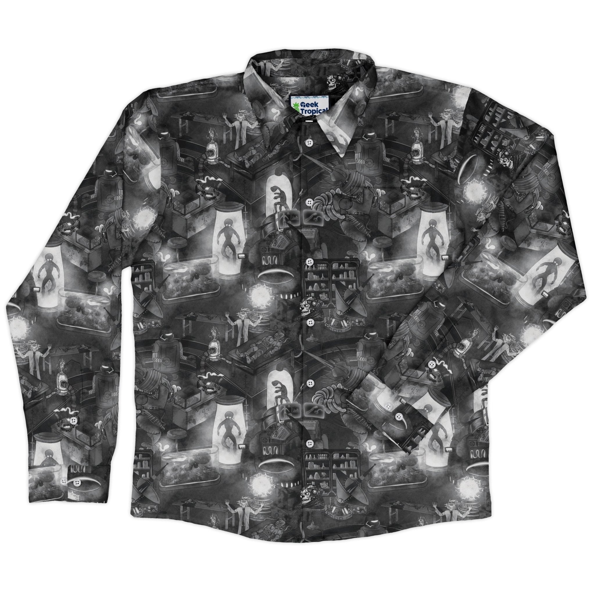 Mad Lab Midnight Long Sleeve Button Up Shirt Geek Nerd adult sizing Designs by Nathan FLOW DESC WRITING