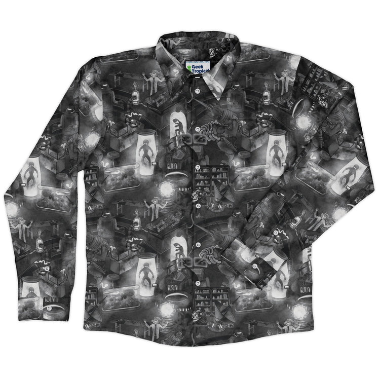 Mad Lab Midnight Long Sleeve Button Up Shirt Geek Nerd adult sizing Designs by Nathan FLOW DESC WRITING