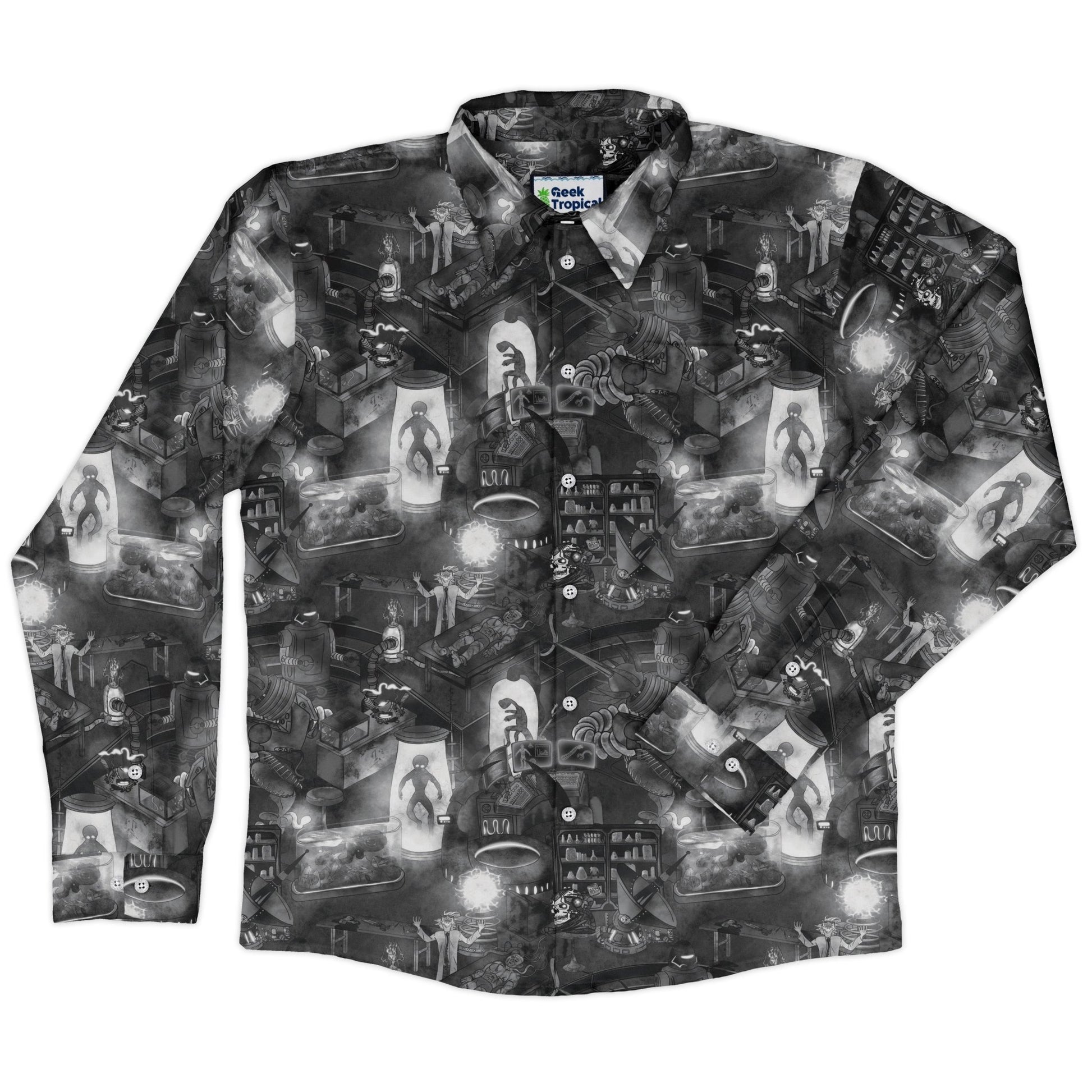 Mad Lab Midnight Long Sleeve Button Up Shirt Geek Nerd adult sizing Designs by Nathan FLOW DESC WRITING