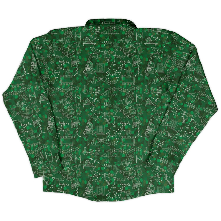 Mad Science Lab Green Long Sleeve Button Up Shirt Geek Nerd adult sizing FLOW DESC WRITING Maximalist Patterns