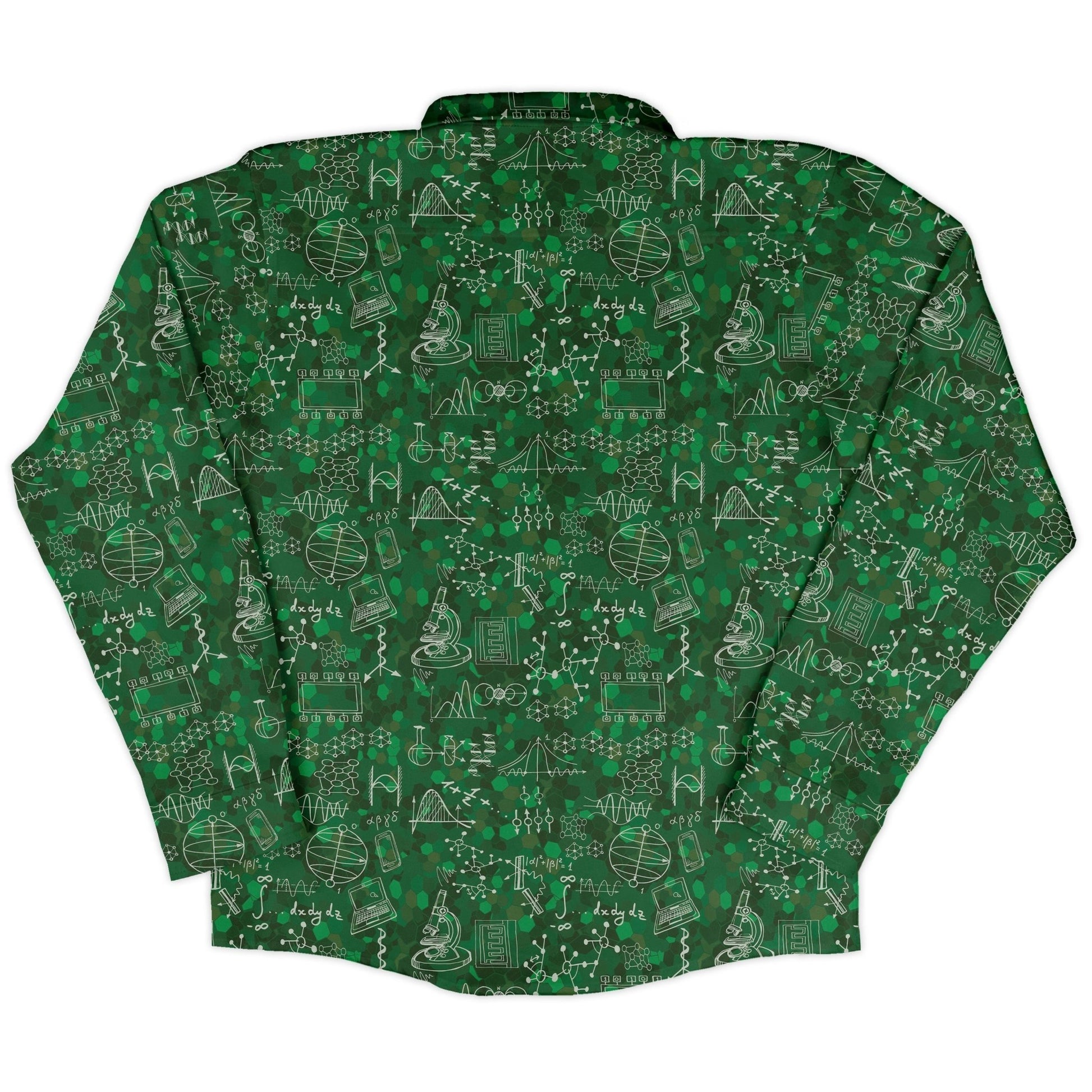 Mad Science Lab Green Long Sleeve Button Up Shirt Geek Nerd adult sizing FLOW DESC WRITING Maximalist Patterns