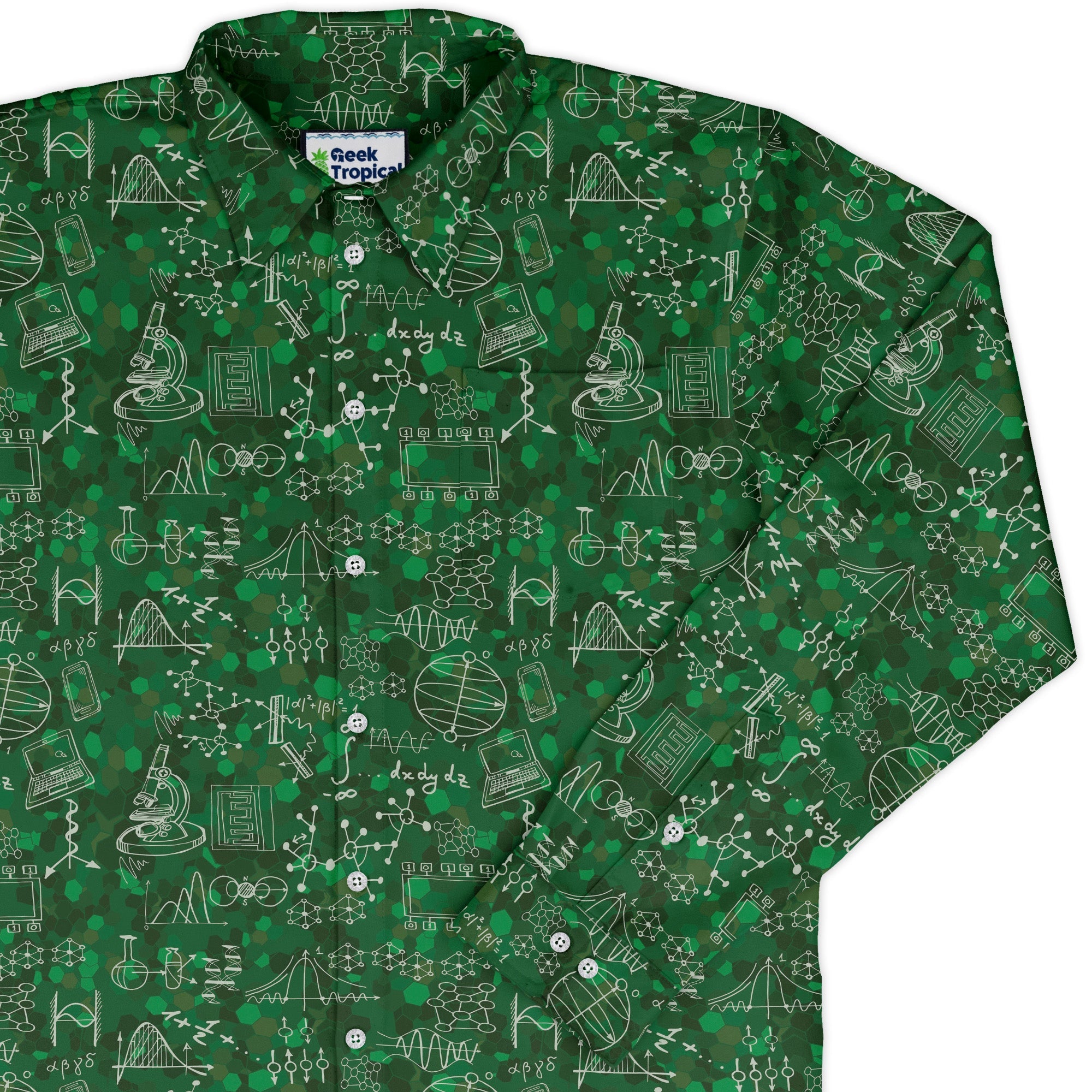 Mad Science Lab Green Long Sleeve Button Up Shirt Geek Nerd adult sizing FLOW DESC WRITING Maximalist Patterns