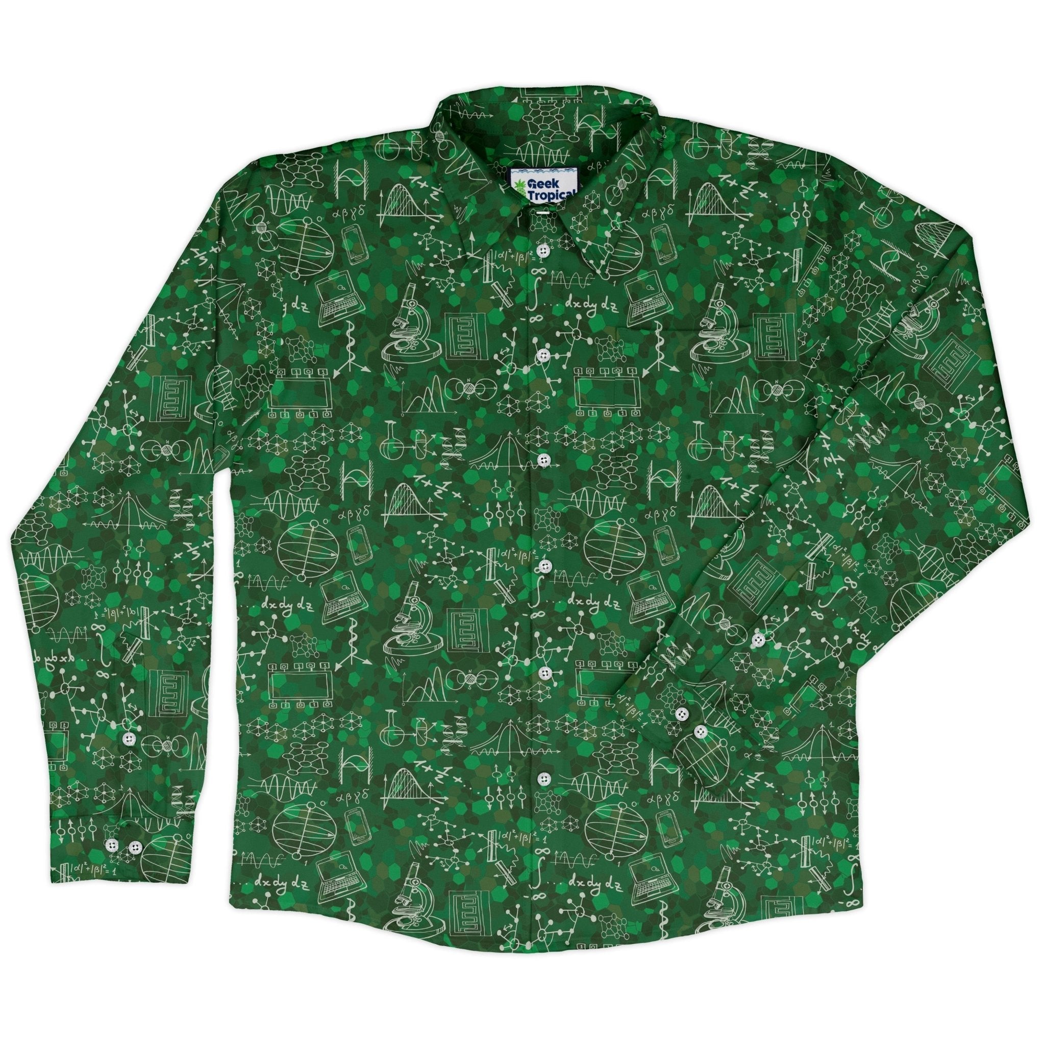 Mad Science Lab Green Long Sleeve Button Up Shirt Geek Nerd adult sizing FLOW DESC WRITING Maximalist Patterns