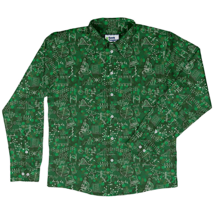 Mad Science Lab Green Long Sleeve Button Up Shirt Geek Nerd adult sizing FLOW DESC WRITING Maximalist Patterns