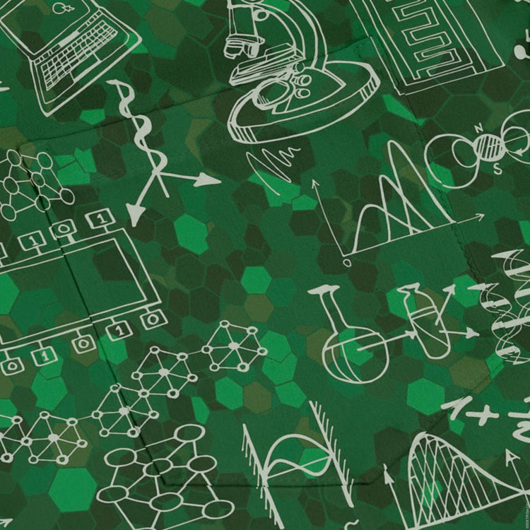 Mad Science Lab Green Long Sleeve Button Up Shirt Geek Nerd adult sizing FLOW DESC WRITING Maximalist Patterns