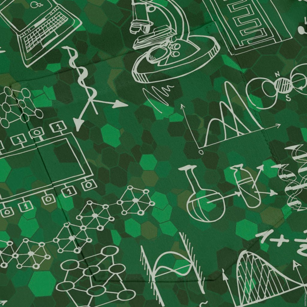 Mad Science Lab Green Long Sleeve Button Up Shirt Geek Nerd adult sizing FLOW DESC WRITING Maximalist Patterns