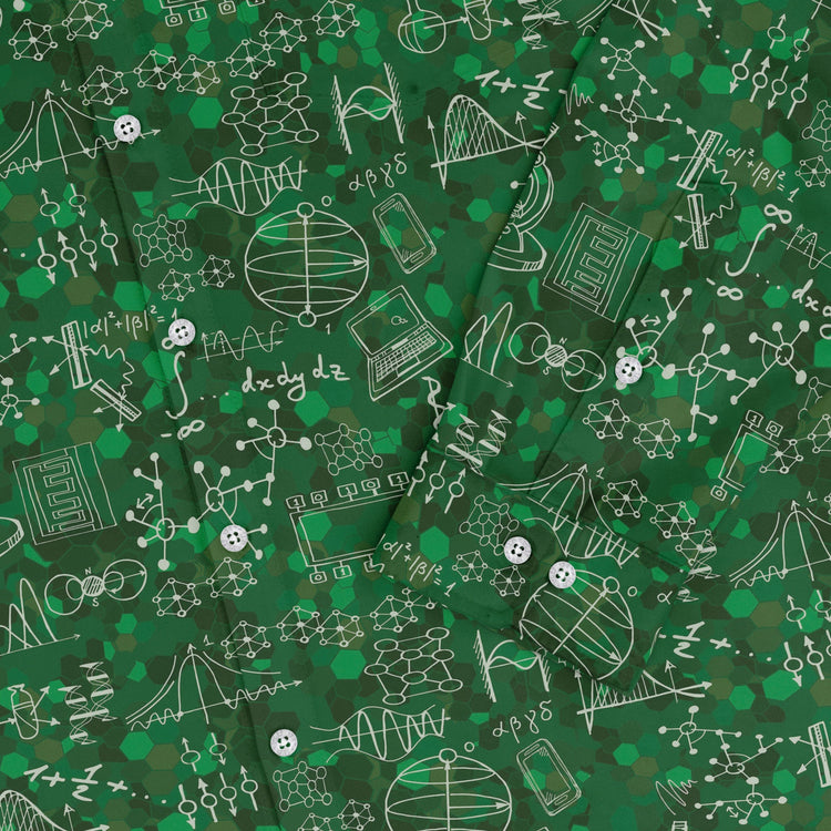 Mad Science Lab Green Long Sleeve Button Up Shirt Geek Nerd adult sizing FLOW DESC WRITING Maximalist Patterns