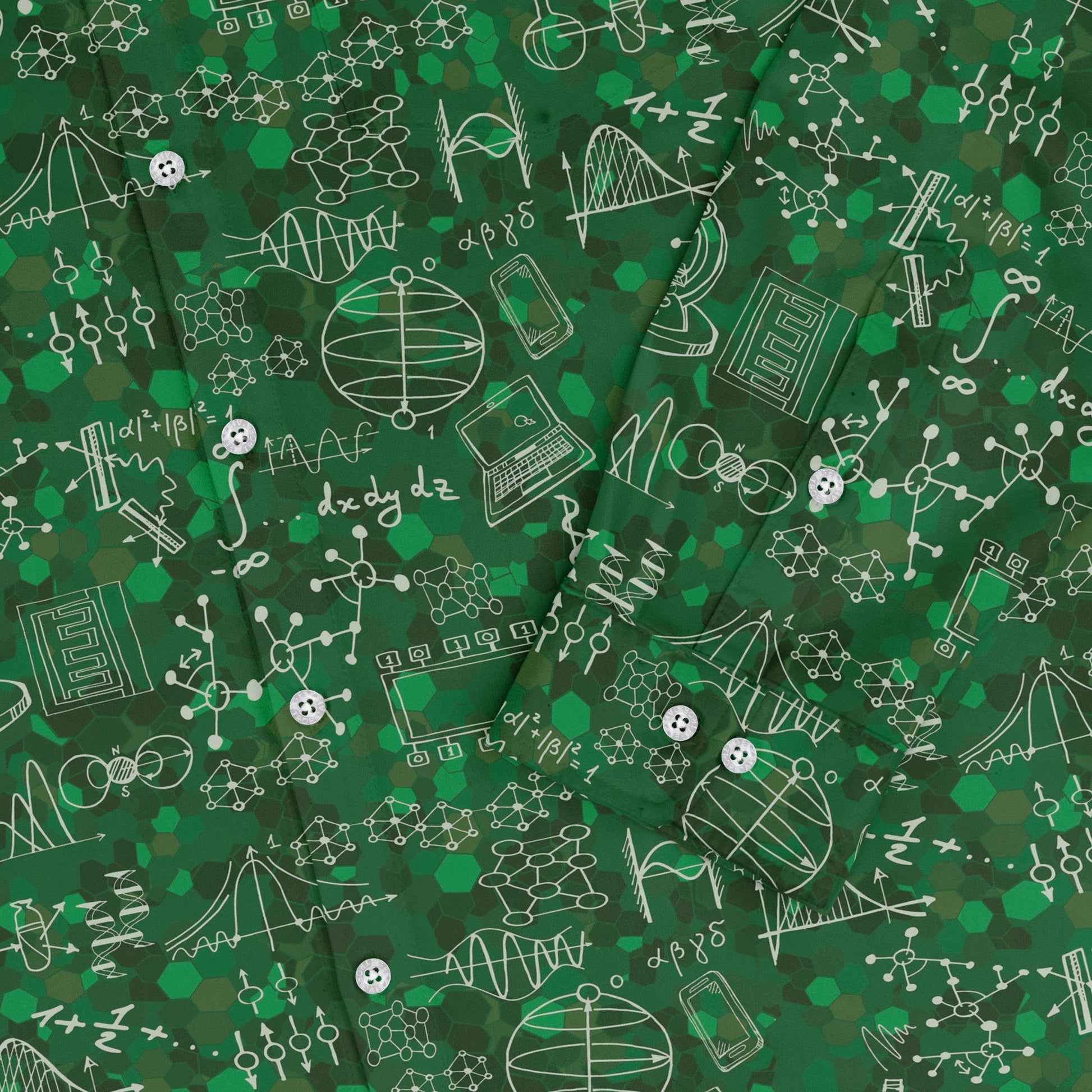 Mad Science Lab Green Long Sleeve Button Up Shirt Geek Nerd adult sizing FLOW DESC WRITING Maximalist Patterns