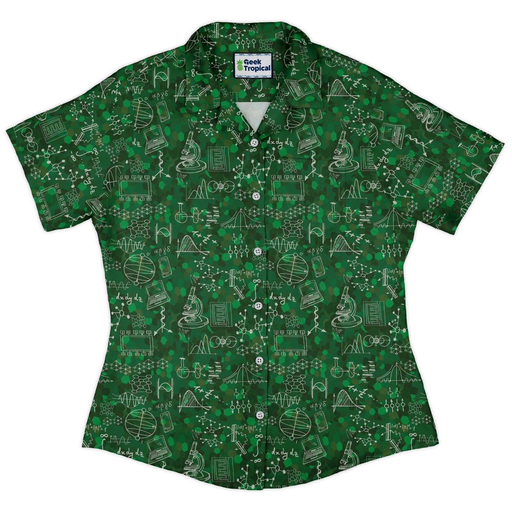 Mad Science Lab Green Curvy Button Up Shirt Geek Nerd Maximalist Patterns science print women