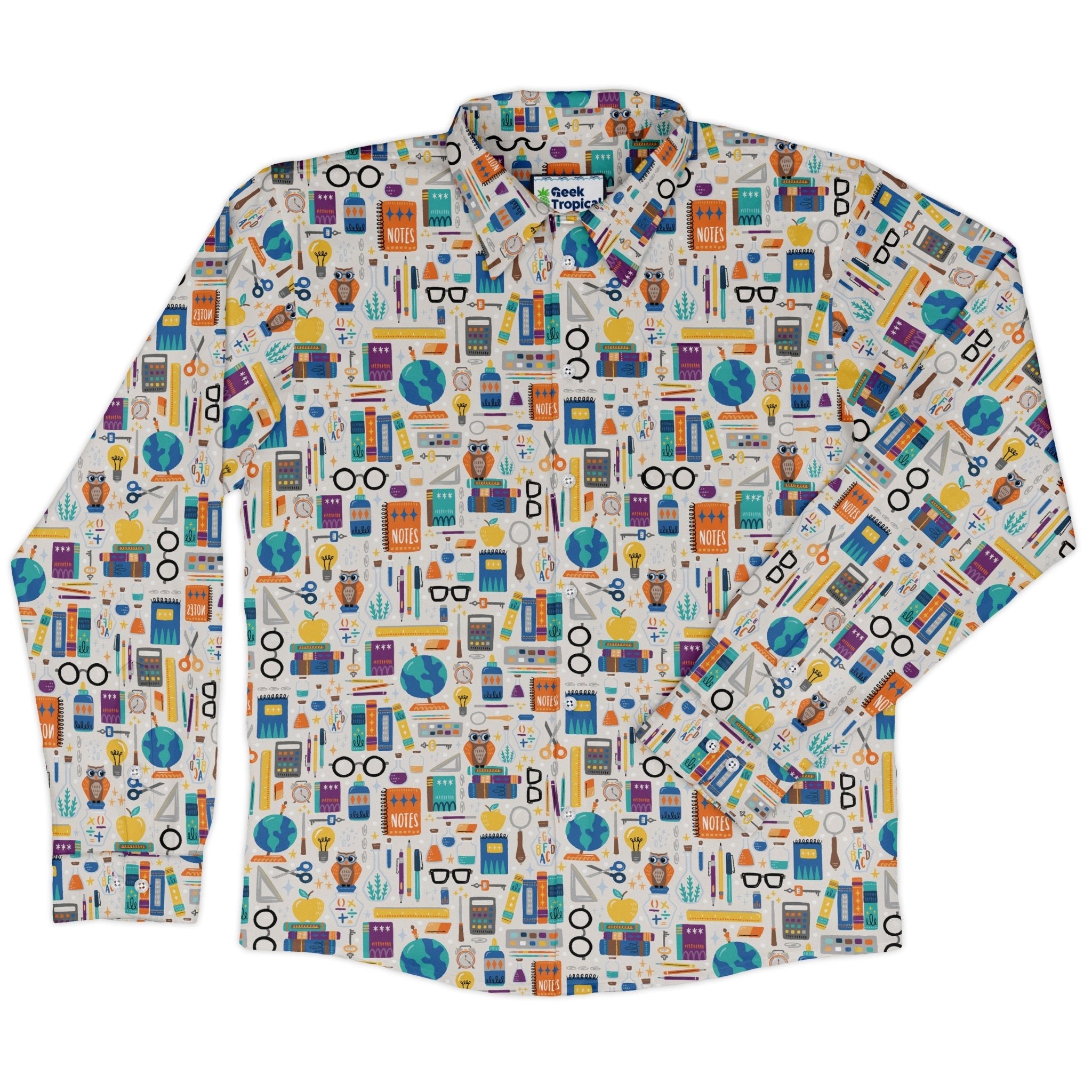 Magic Academics Long Sleeve Button Up Shirt Geek Nerd adult sizing Design by Zirkus Design FLOW DESC WRITING