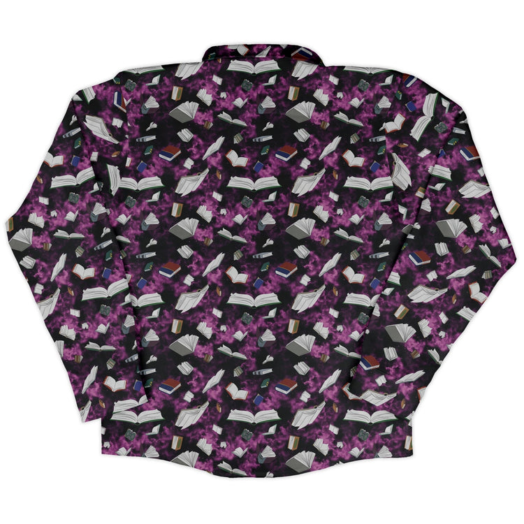 Magical Books Purple Long Sleeve Button Up Shirt Geek Nerd adult sizing Book Prints Designs by Nathan