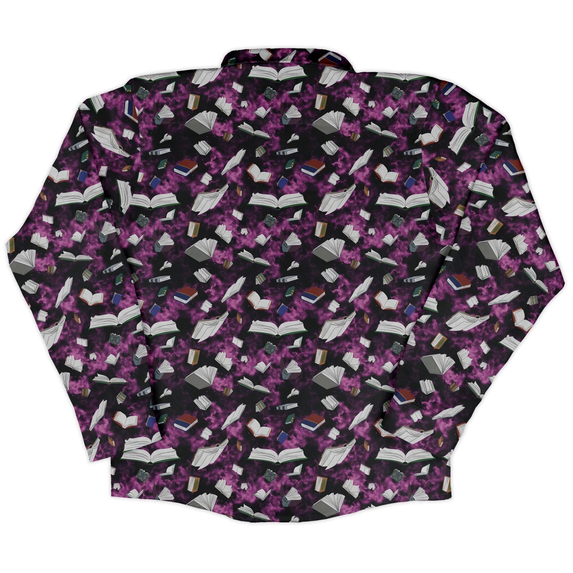 Magical Books Purple Long Sleeve Button Up Shirt Geek Nerd adult sizing Book Prints Designs by Nathan