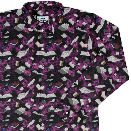 Magical Books Purple Long Sleeve Button Up Shirt Geek Nerd adult sizing Book Prints Designs by Nathan