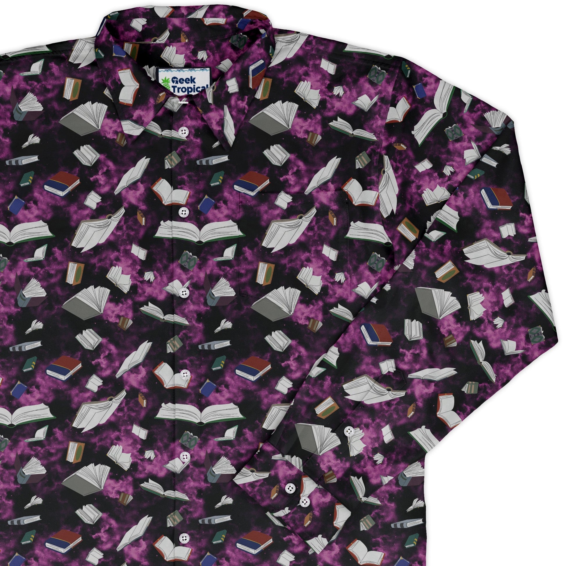 Magical Books Purple Long Sleeve Button Up Shirt Geek Nerd adult sizing Book Prints Designs by Nathan