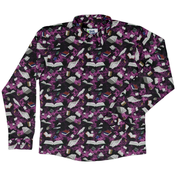 Magical Books Purple Long Sleeve Button Up Shirt Geek Nerd adult sizing Book Prints Designs by Nathan