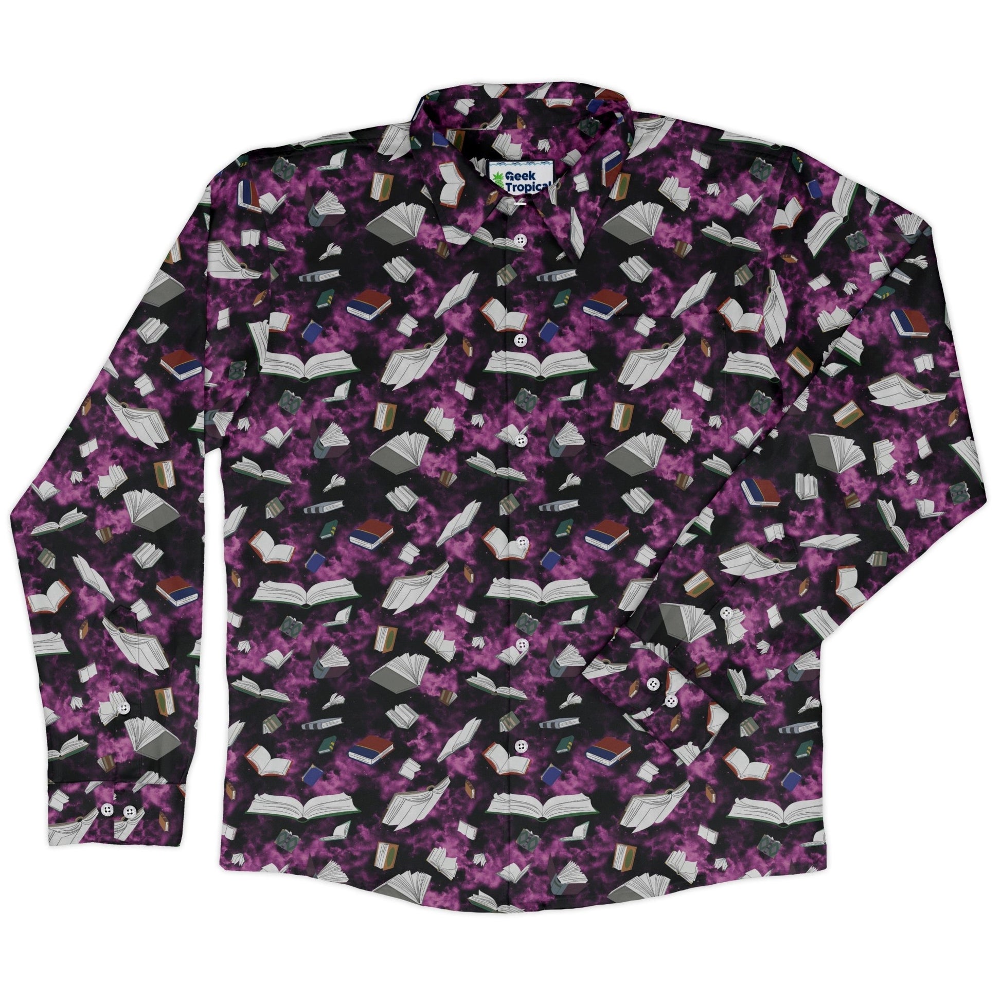 Magical Books Purple Long Sleeve Button Up Shirt Geek Nerd adult sizing Book Prints Designs by Nathan
