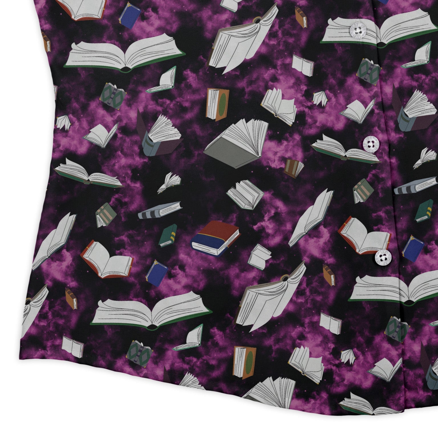 Magical Books Purple Curvy Button Up Shirt Geek Nerd Book Prints Designs by Nathan Q3