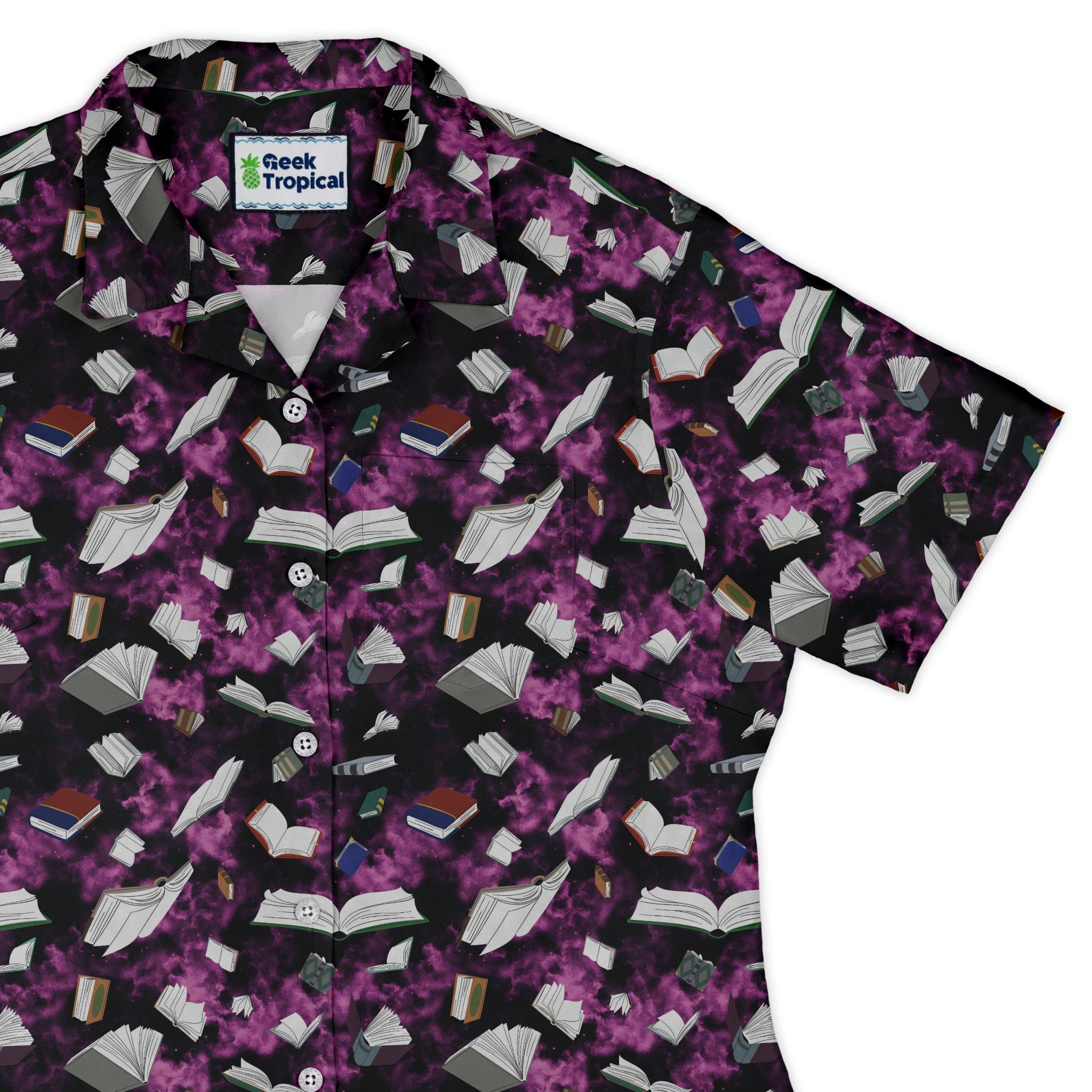 Magical Books Purple Curvy Button Up Shirt Geek Nerd Book Prints Designs by Nathan Q3