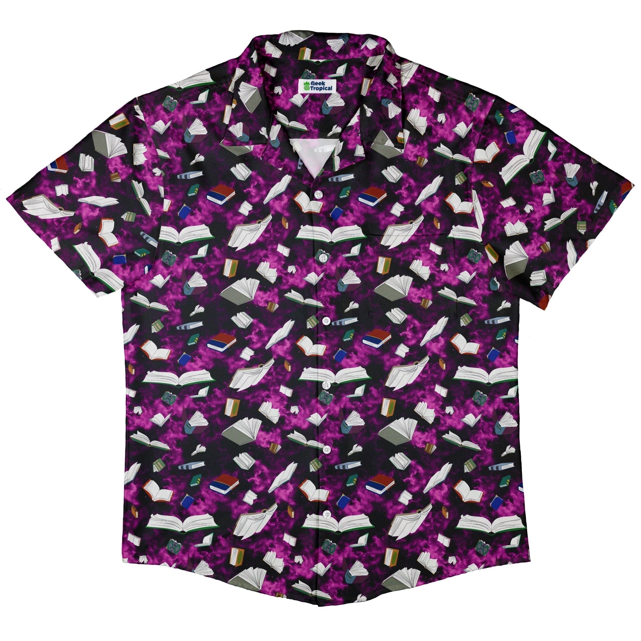 Clearance Ready - to - Ship Magical Books Purple Button Up Shirt Geek Nerd adult sizing Book Prints Clearance