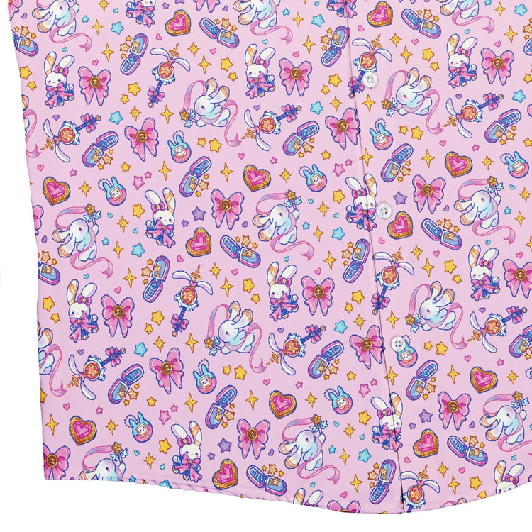 Magical Bunny Evolution Pink Button Up Shirt Geek Nerd adult sizing animal patterns anime
