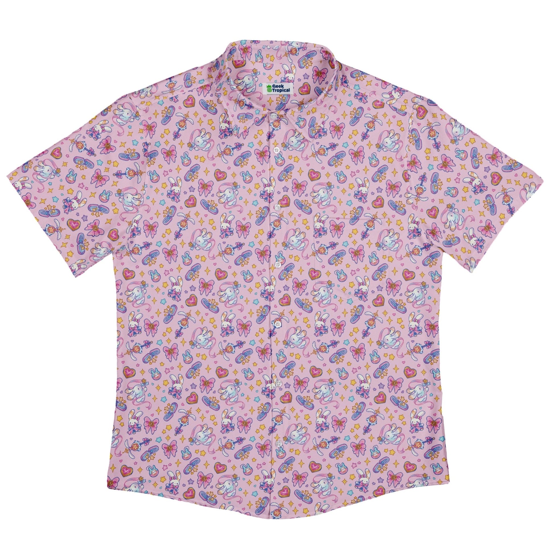 Magical Bunny Evolution Pink Button Up Shirt Geek Nerd adult sizing animal patterns anime