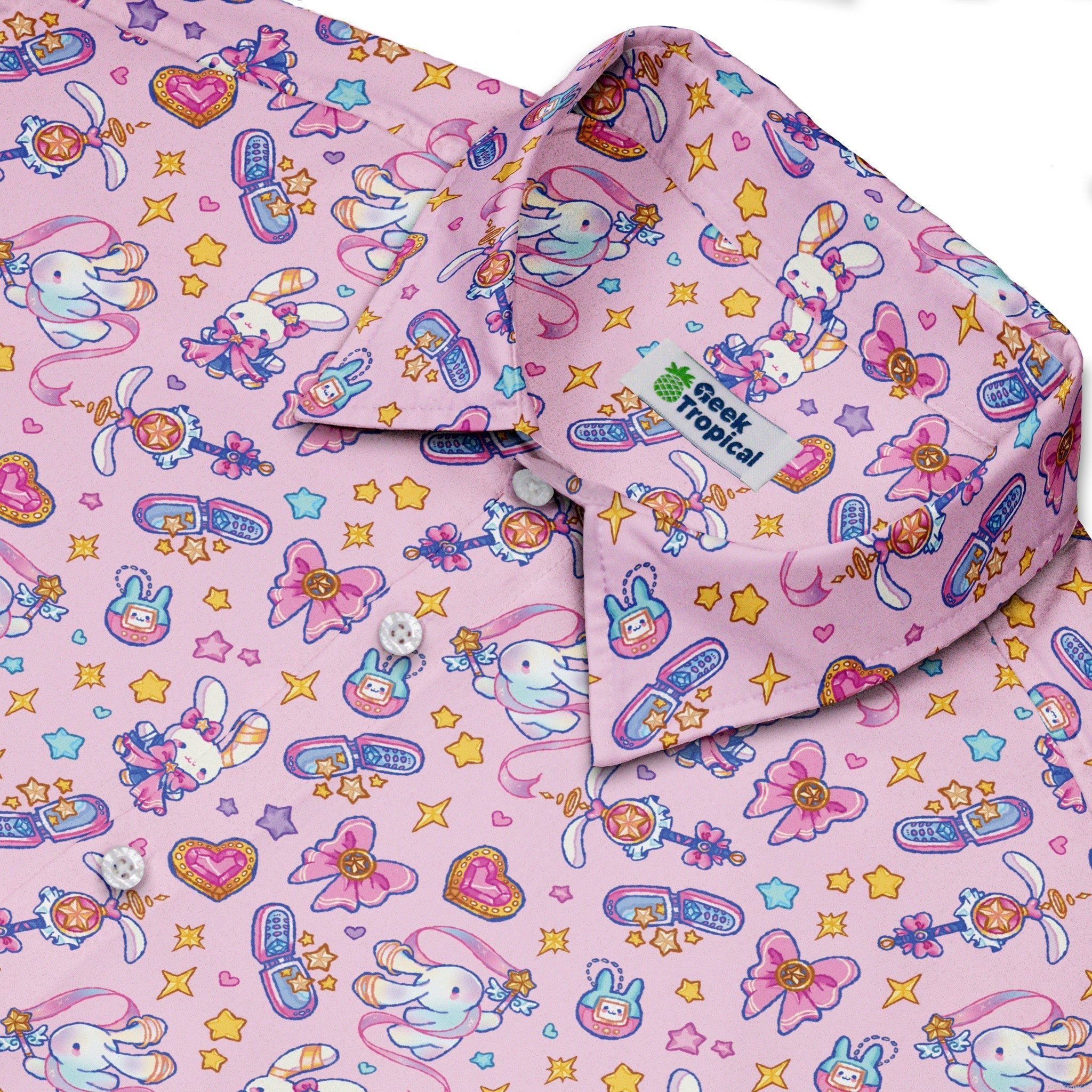 Magical Bunny Evolution Pink Button Up Shirt Geek Nerd adult sizing animal patterns anime