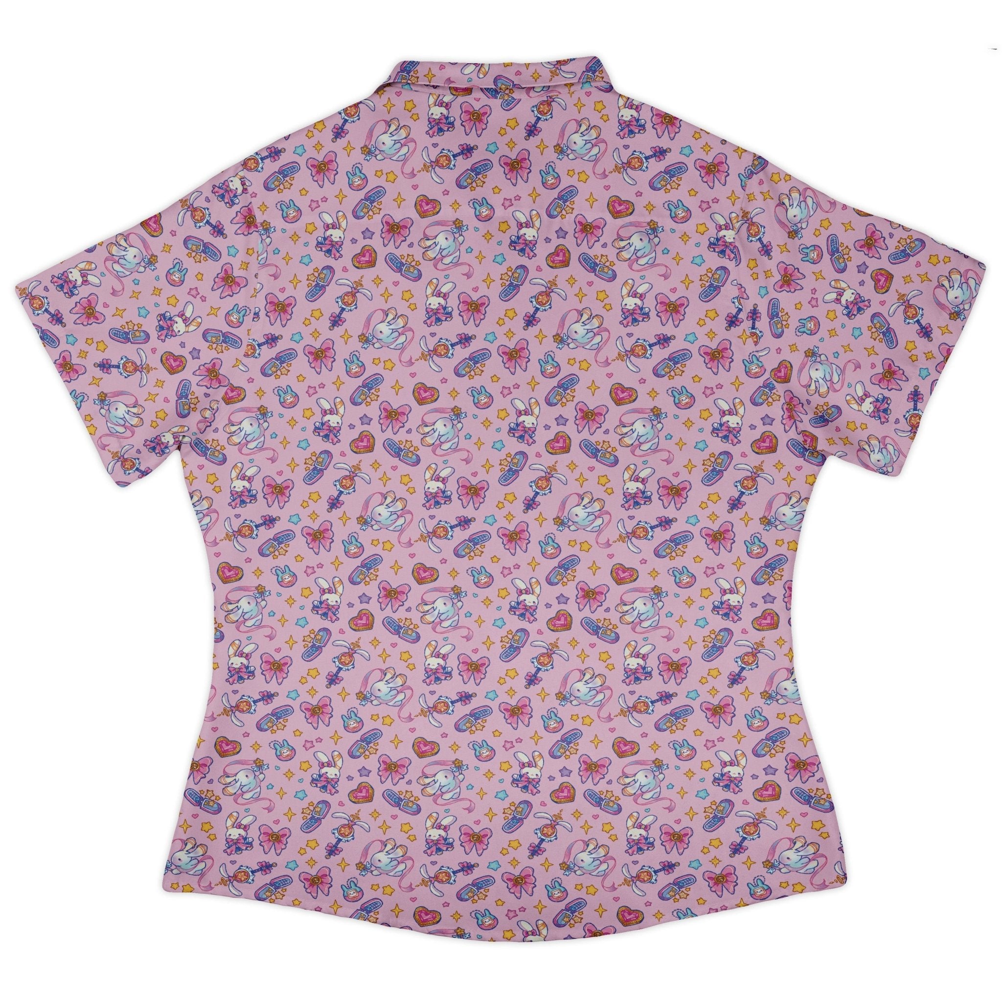 Magical Bunny Evolution Pink Curvy Button Up Shirt Geek Nerd animal patterns anime Design by Ardi Tong