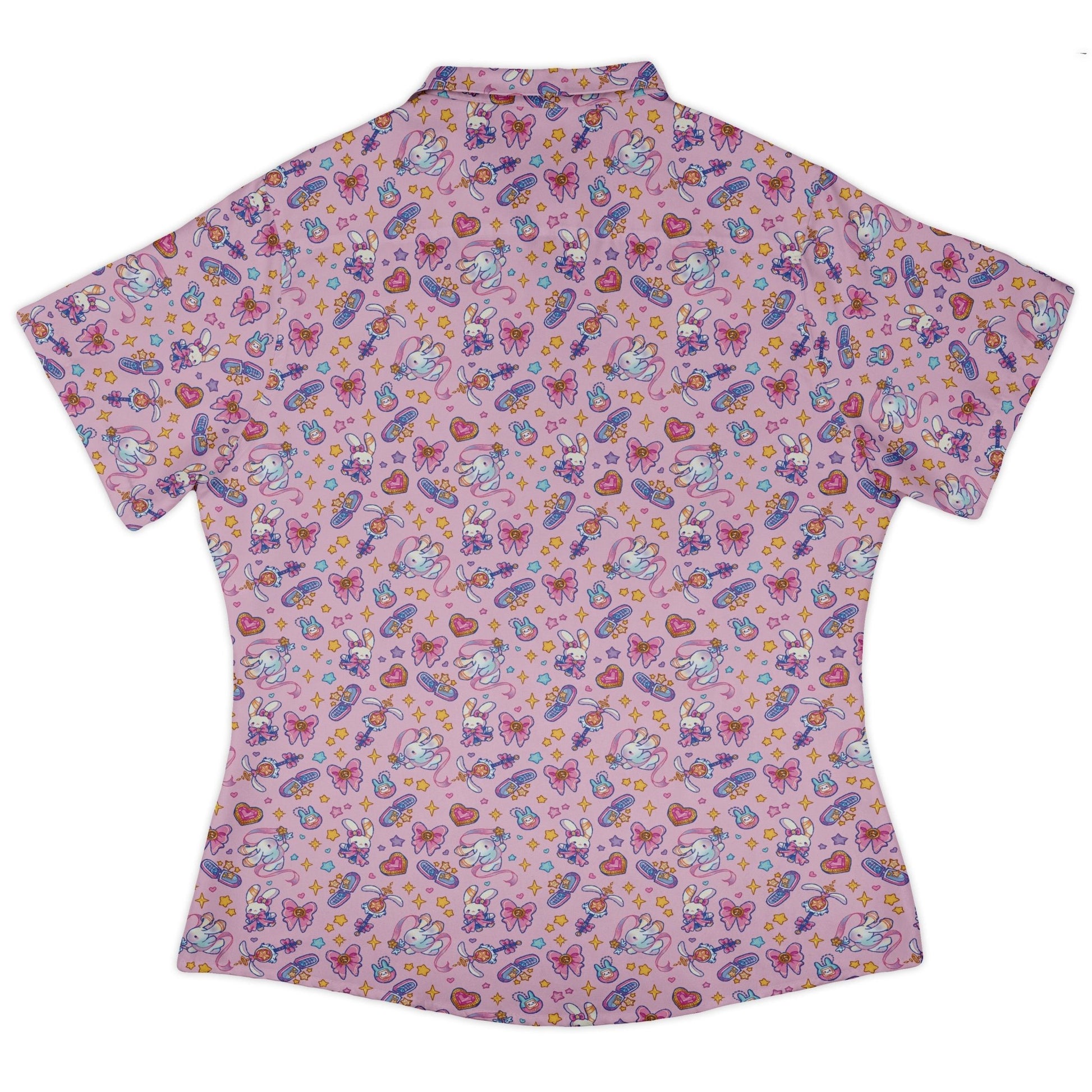 Magical Bunny Evolution Pink Curvy Button Up Shirt Geek Nerd animal patterns anime Design by Ardi Tong