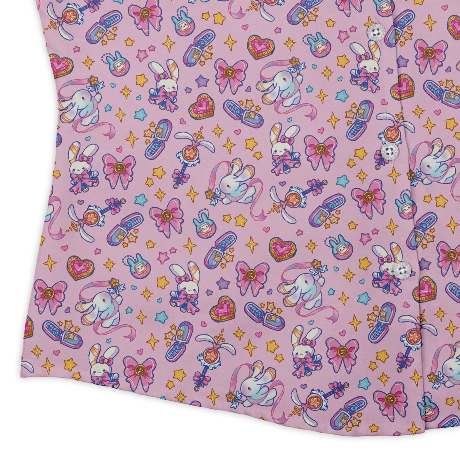 Magical Bunny Evolution Pink Curvy Button Up Shirt Geek Nerd animal patterns anime Design by Ardi Tong
