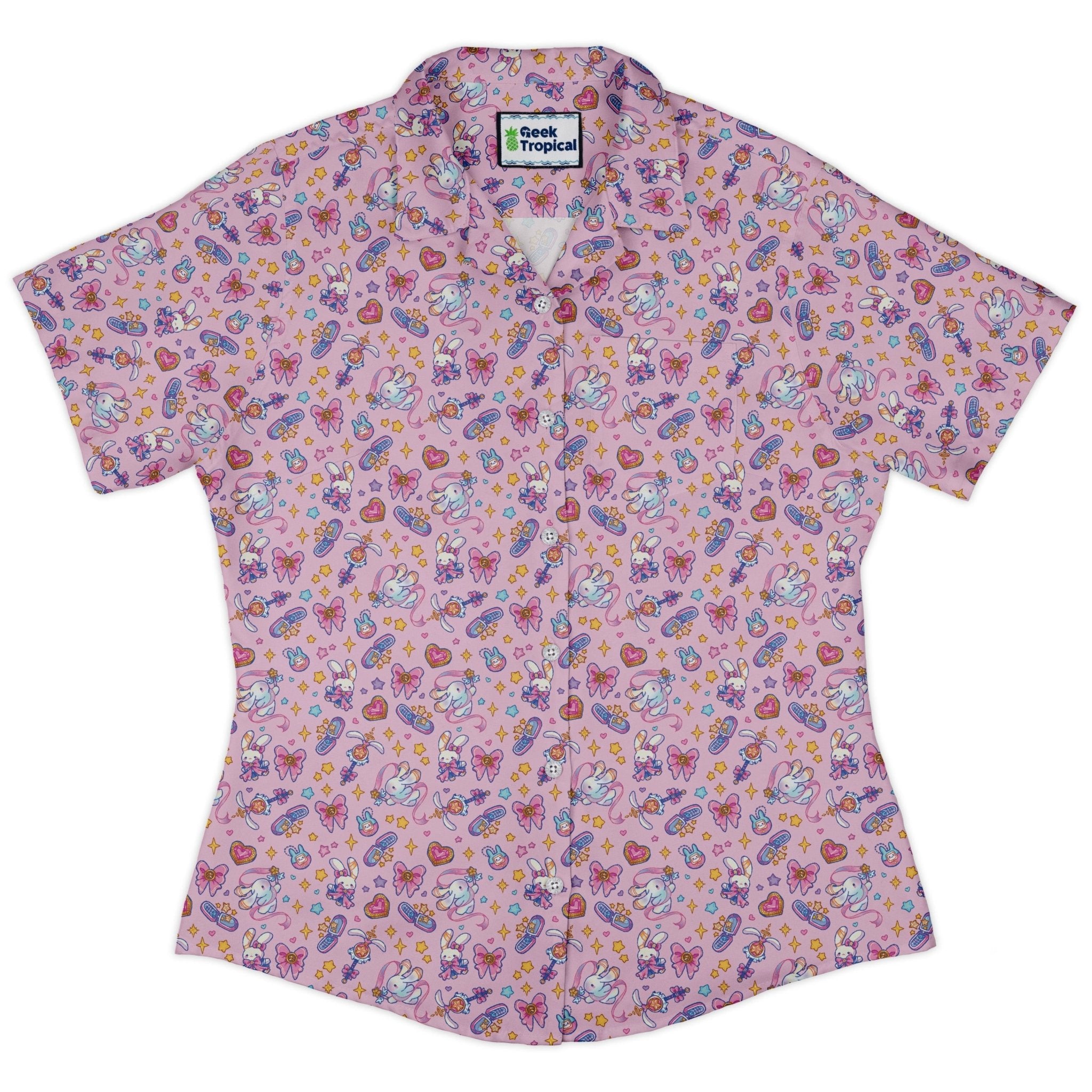 Magical Bunny Evolution Pink Curvy Button Up Shirt Geek Nerd animal patterns anime Design by Ardi Tong