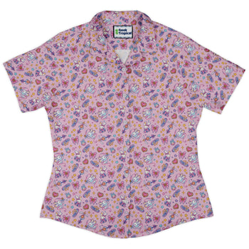 Magical Bunny Evolution Pink Curvy Button Up Shirt Geek Nerd animal patterns anime Design by Ardi Tong