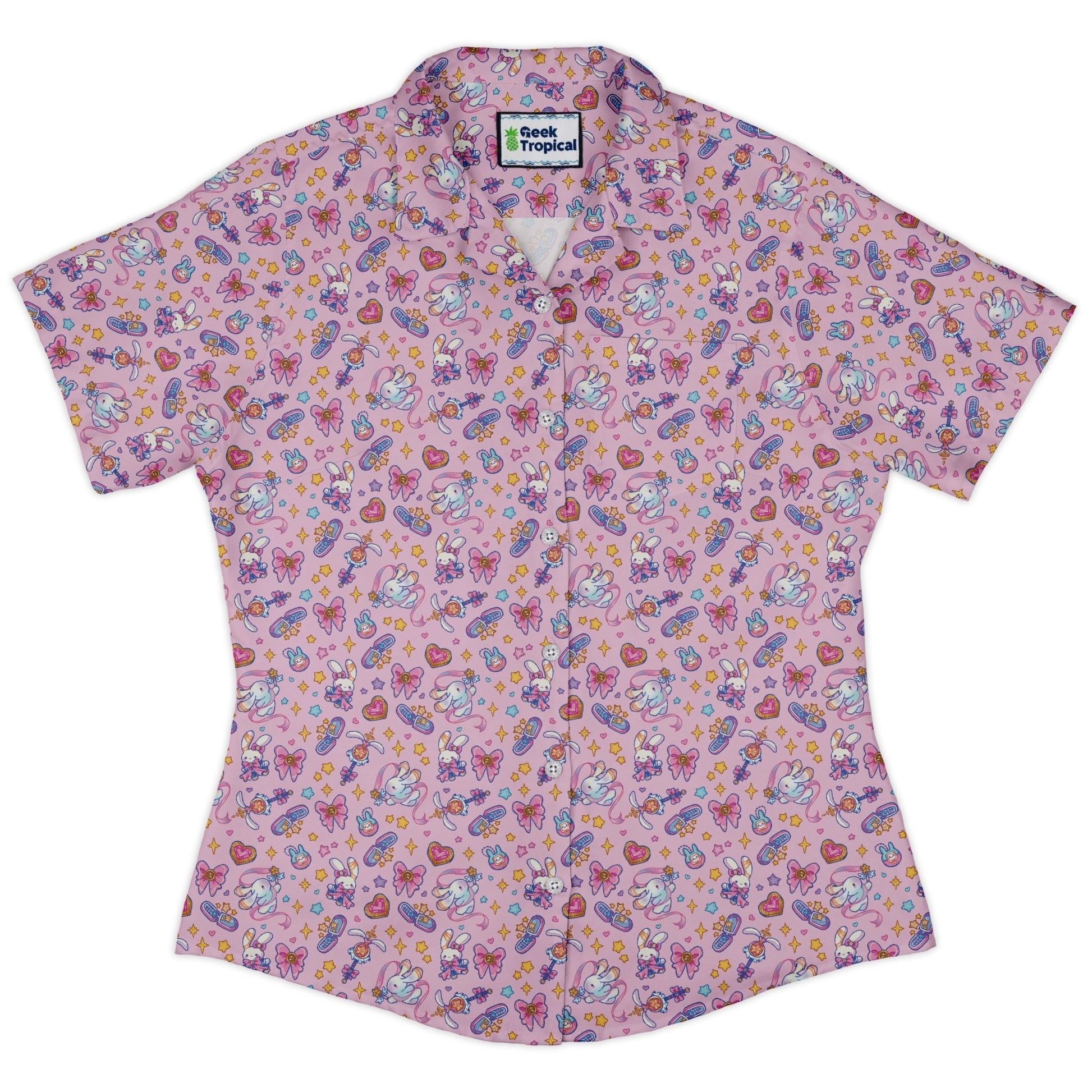 Magical Bunny Evolution Pink Curvy Button Up Shirt Geek Nerd animal patterns anime Design by Ardi Tong