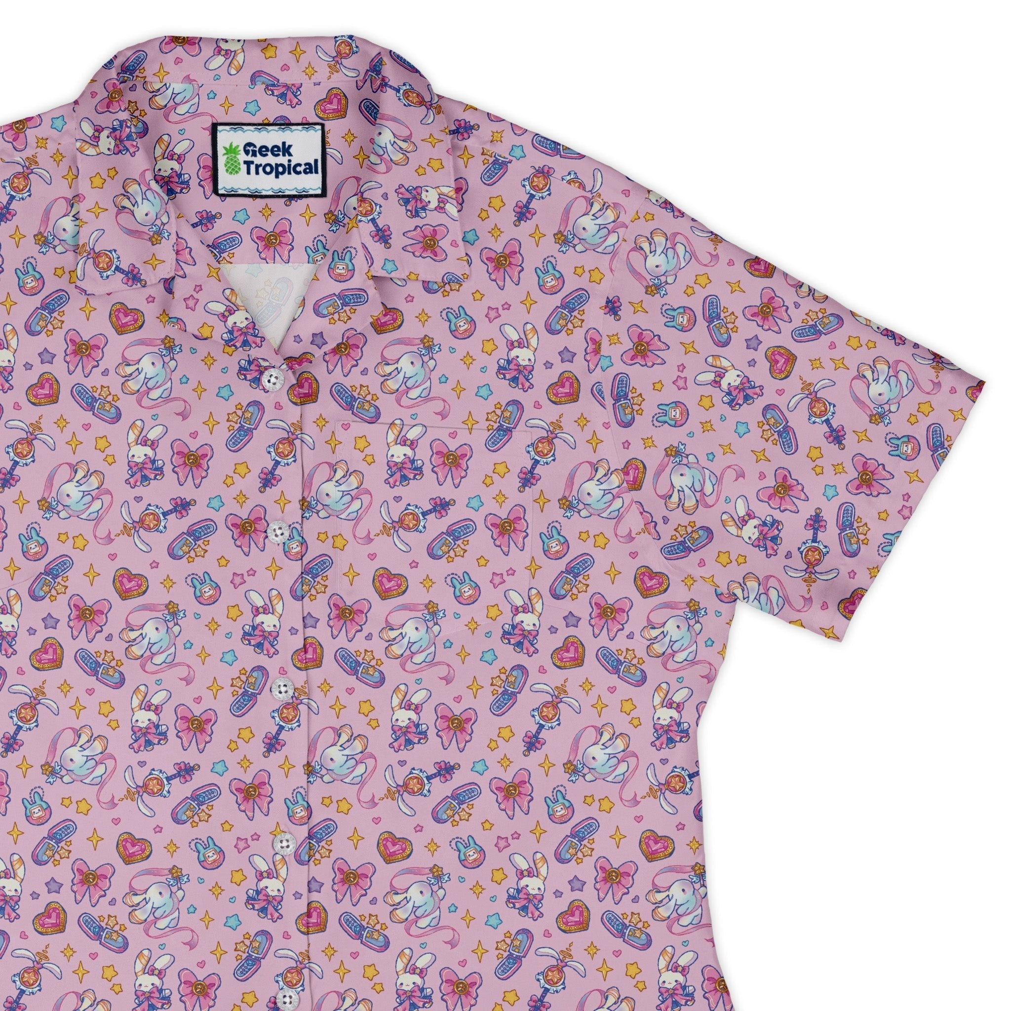 Magical Bunny Evolution Pink Curvy Button Up Shirt Geek Nerd animal patterns anime Design by Ardi Tong