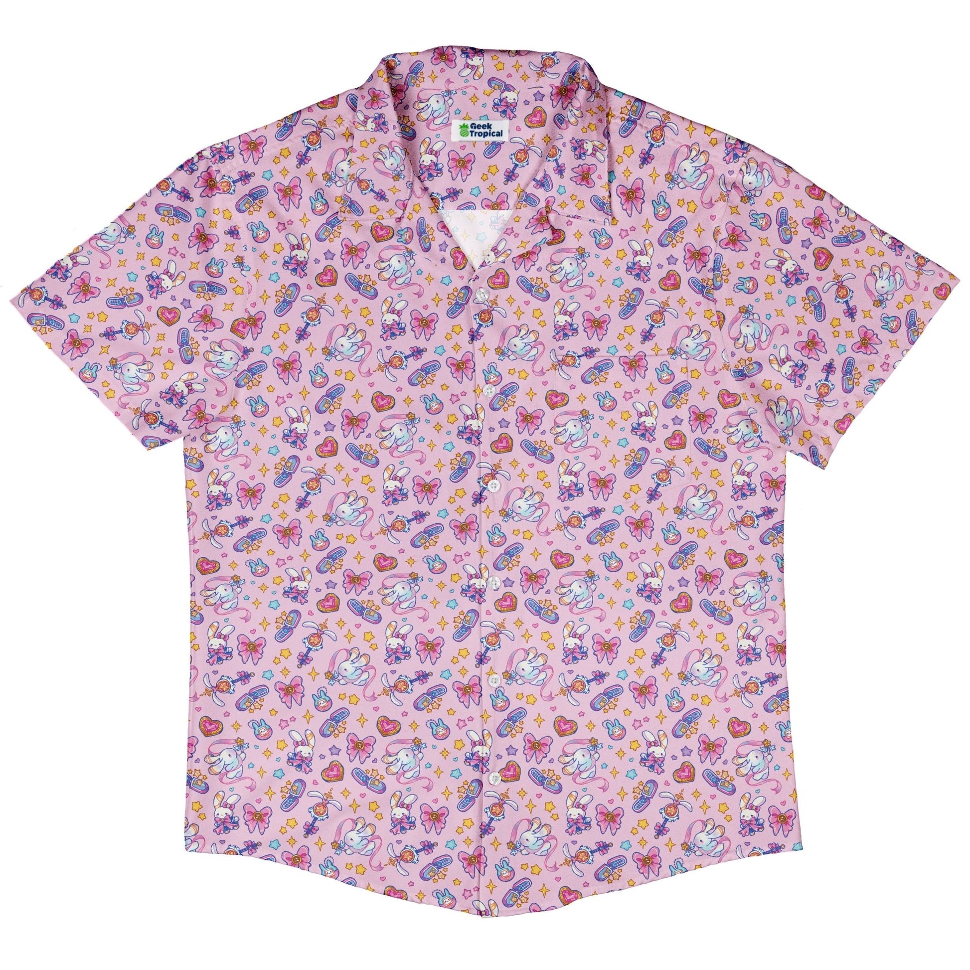 Magical Bunny Evolution Pink Button Up Shirt Geek Nerd adult sizing animal patterns anime