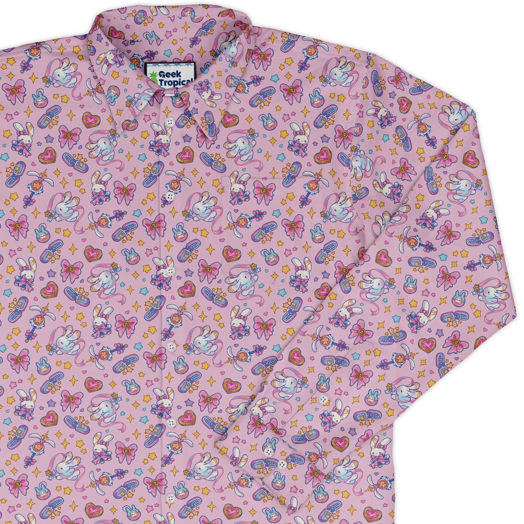 Magical Bunny Evolution Pink Long Sleeve Button Up Shirt Geek Nerd adult sizing animal patterns anime