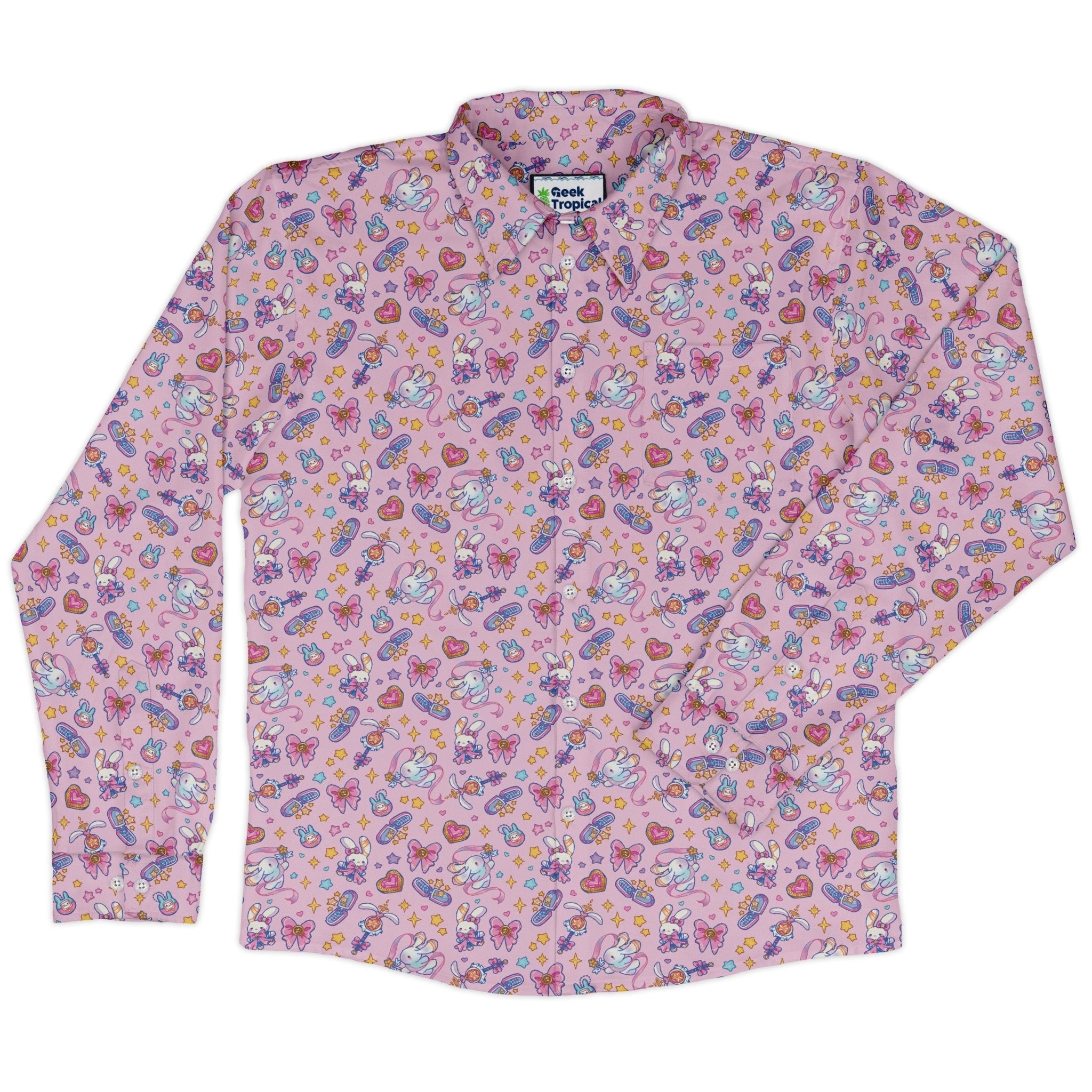 Magical Bunny Evolution Pink Long Sleeve Button Up Shirt Geek Nerd adult sizing animal patterns anime