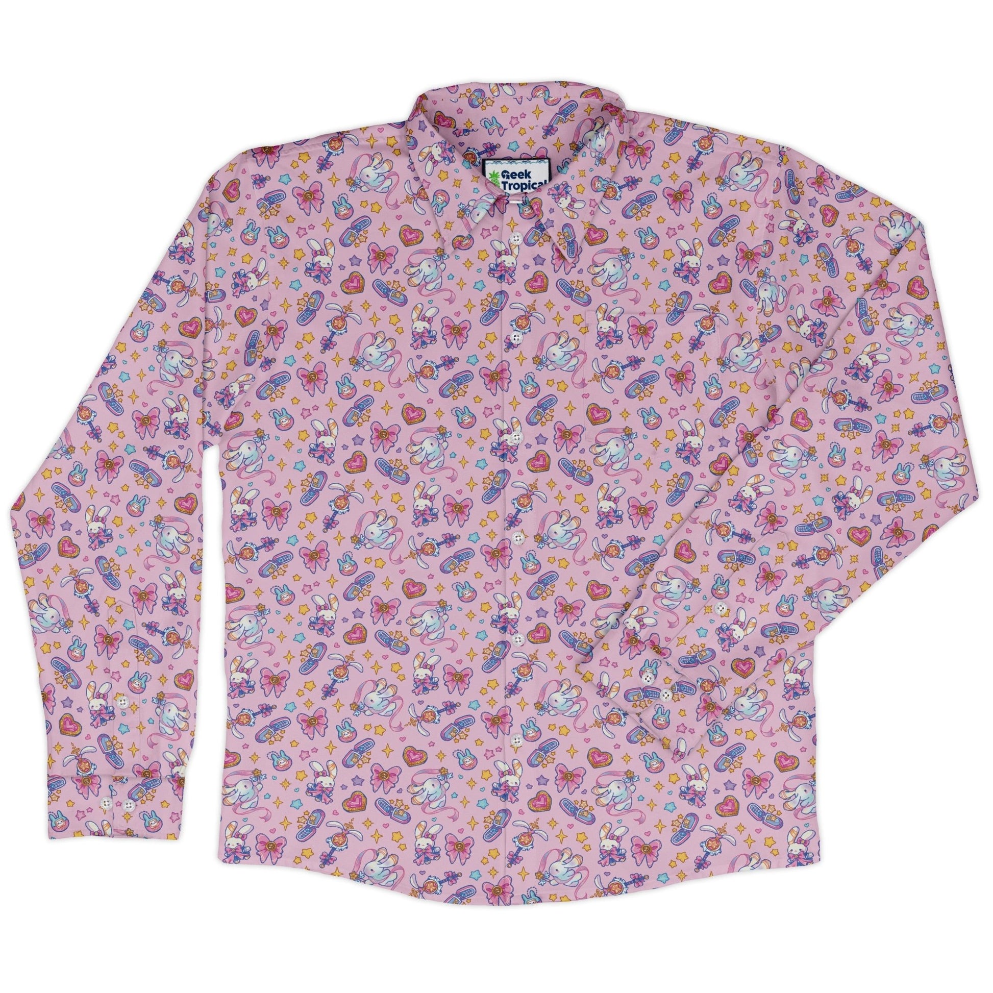 Magical Bunny Evolution Pink Long Sleeve Button Up Shirt Geek Nerd adult sizing animal patterns anime