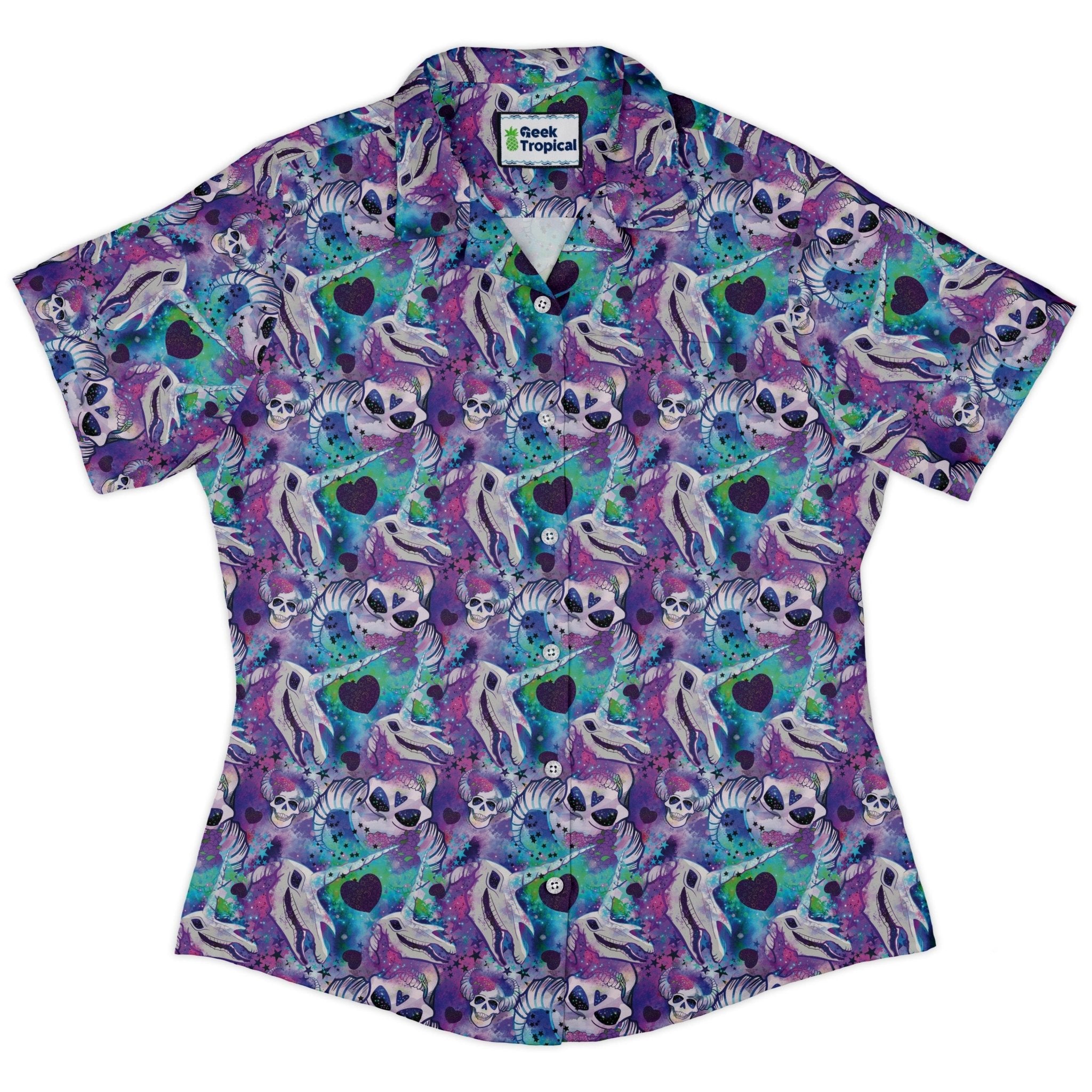 Magical Skulls Curvy Button Up Shirt Geek Nerd Designed by Rose Khan Fantasy Prints women