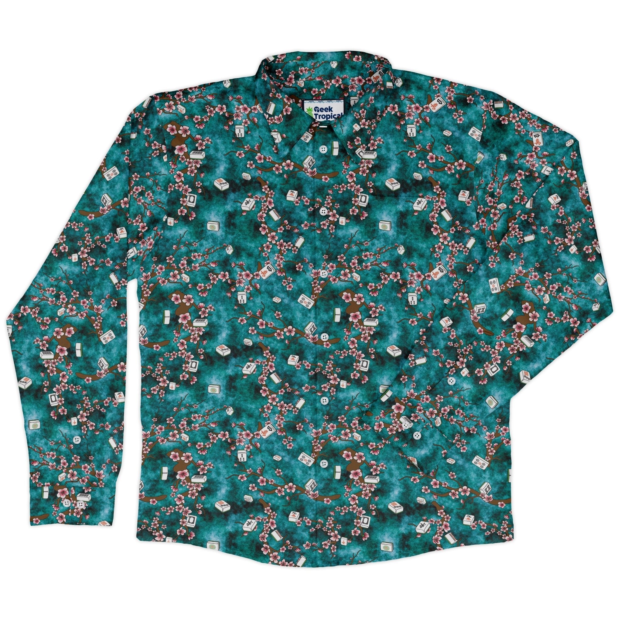 Mahjong Tiles Pond Anime Long Sleeve Button Up Shirt Geek Nerd adult sizing Anime board game print