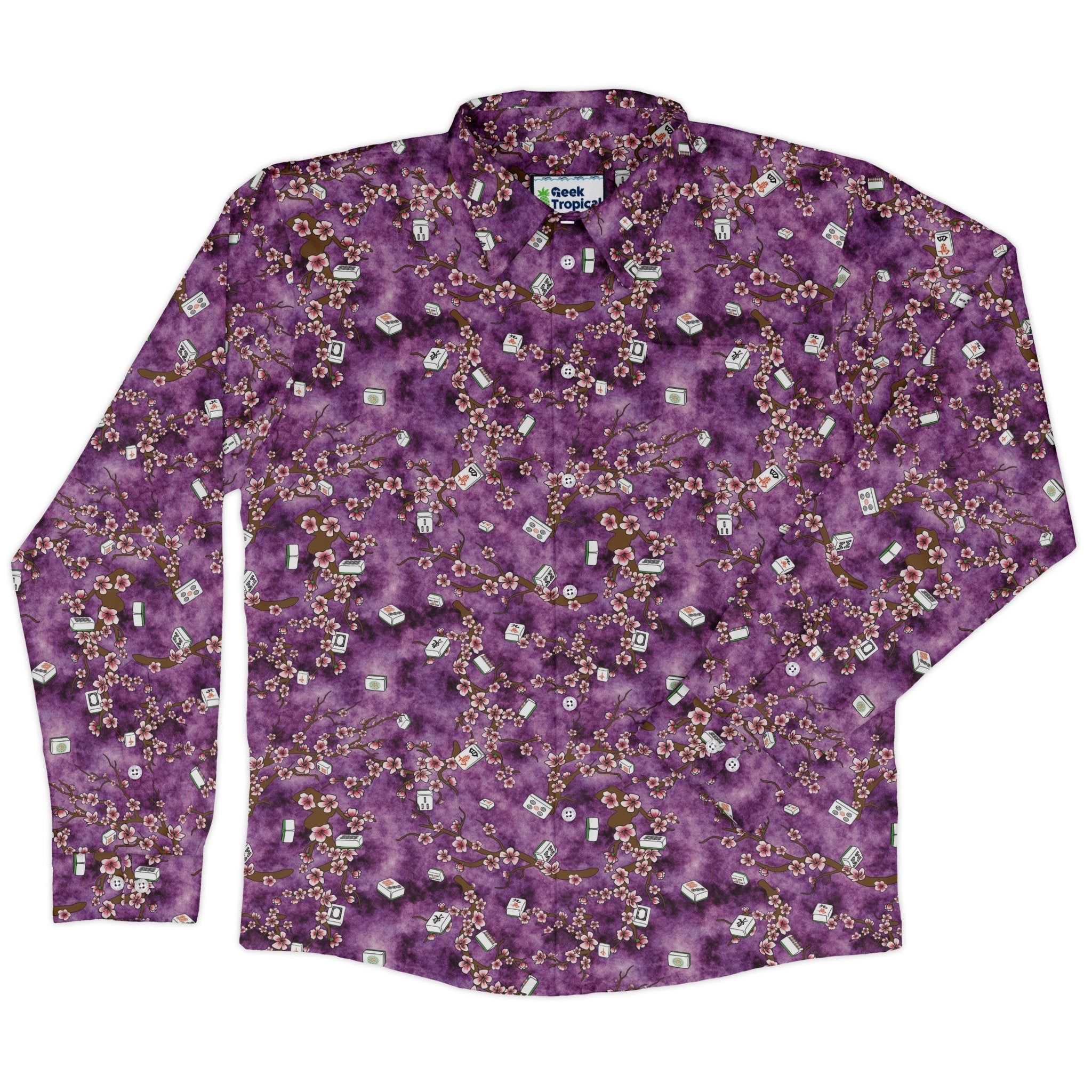 Mahjong Tiles Purple Anime Long Sleeve Button Up Shirt Geek Nerd adult sizing Anime board game print