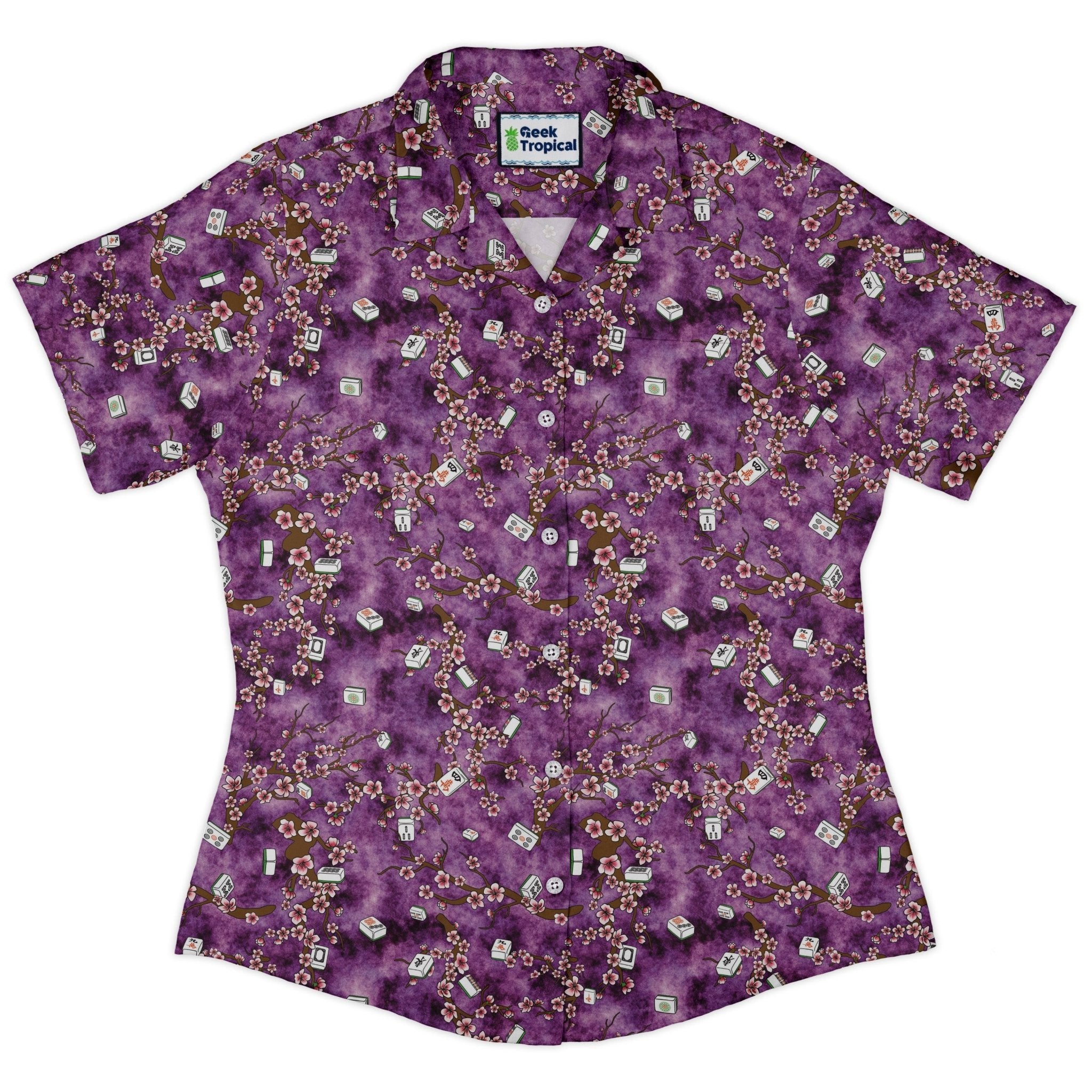 Mahjong Tiles Purple Anime Curvy Button Up Shirt Geek Nerd Anime board game print Designs by Nathan